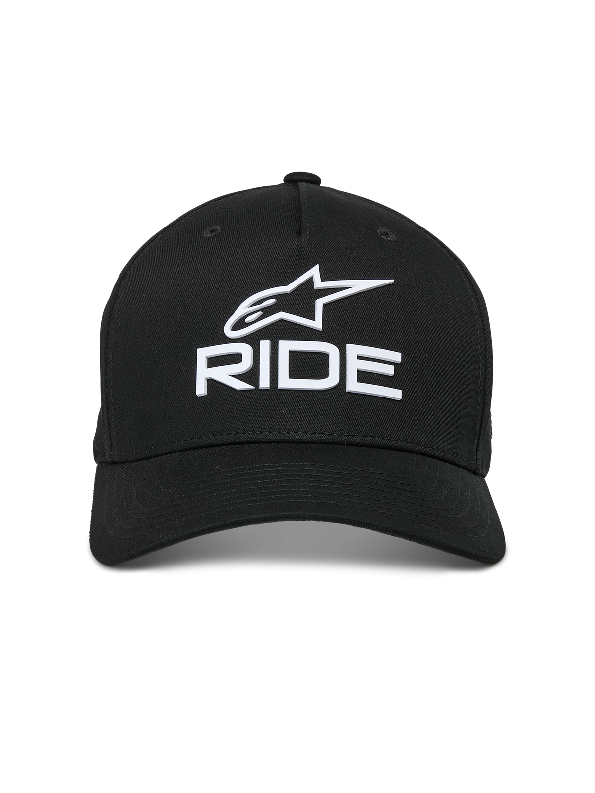 Alpinestars Ride Sonic Kappe, Schwarz, weißes 3D-Sticklogo mit Alpinestars-Stern und „RIDE“-Schriftzug, gebogener Schirm, strukturierte Krone, lässige, vom Motorsport inspirierte Streetwear