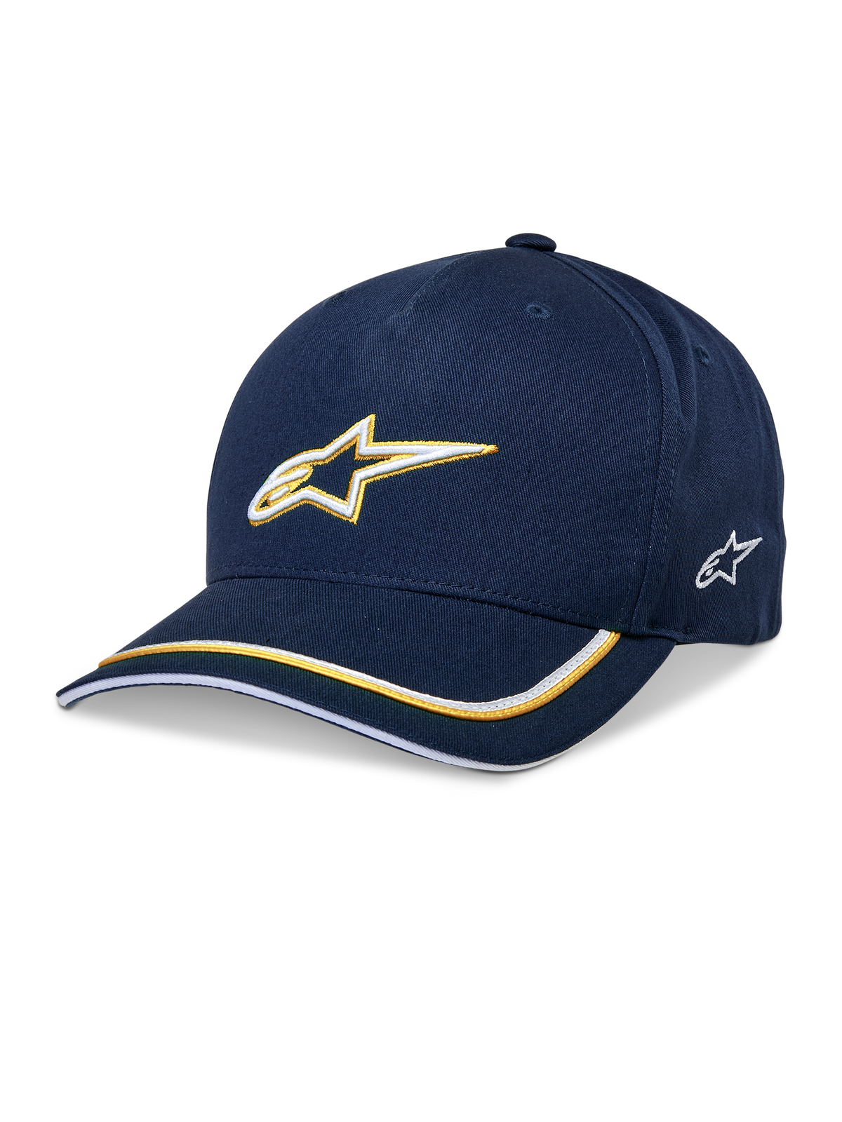 Alpinestars Ascension Snapback Hat, Baseball-Cap, Dunkelblau und Gold, 3D-besticktes Astars-Logo, gebogener Schirm mit gelben und weißen Streifen, lässige Motorsport-Kopfbedeckung
