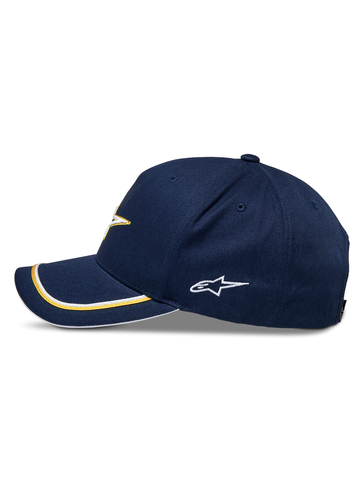 Alpinestars Ascension Snapback Mütze, Navy-Gold, Seitenprofil mit gebogenem Schirm, gold-weißer doppelter Sutache-Besatz, gesticktes Seitenlogo, lässige Motorsport-Streetwear