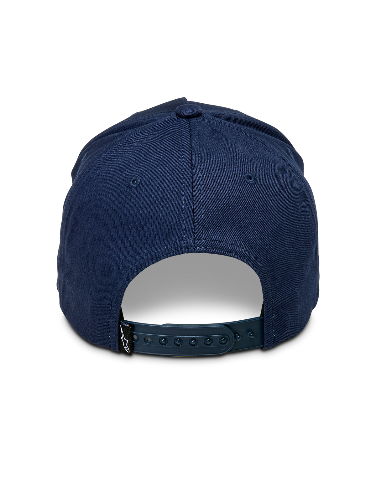 Alpinestars Ascension Snapback-Mütze, Marineblau, Rückansicht mit verstellbarem Snapback-Verschluss und strukturierter Krone, kleines schwarzes Astars-Logo-Etikett, lässige Motorsport-Streetwear