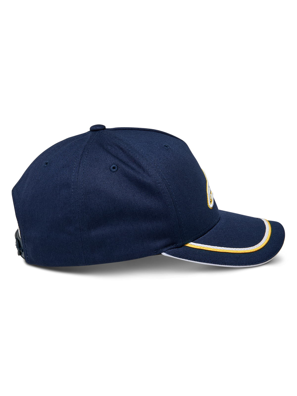 Alpinestars Ascension Snapback Mütze, Seitenansicht, Navyblau mit gold- und weißem Sutache-Besatz am gebogenen Schirm, strukturierte Krone, lässige Motorsport-Kopfbedeckung