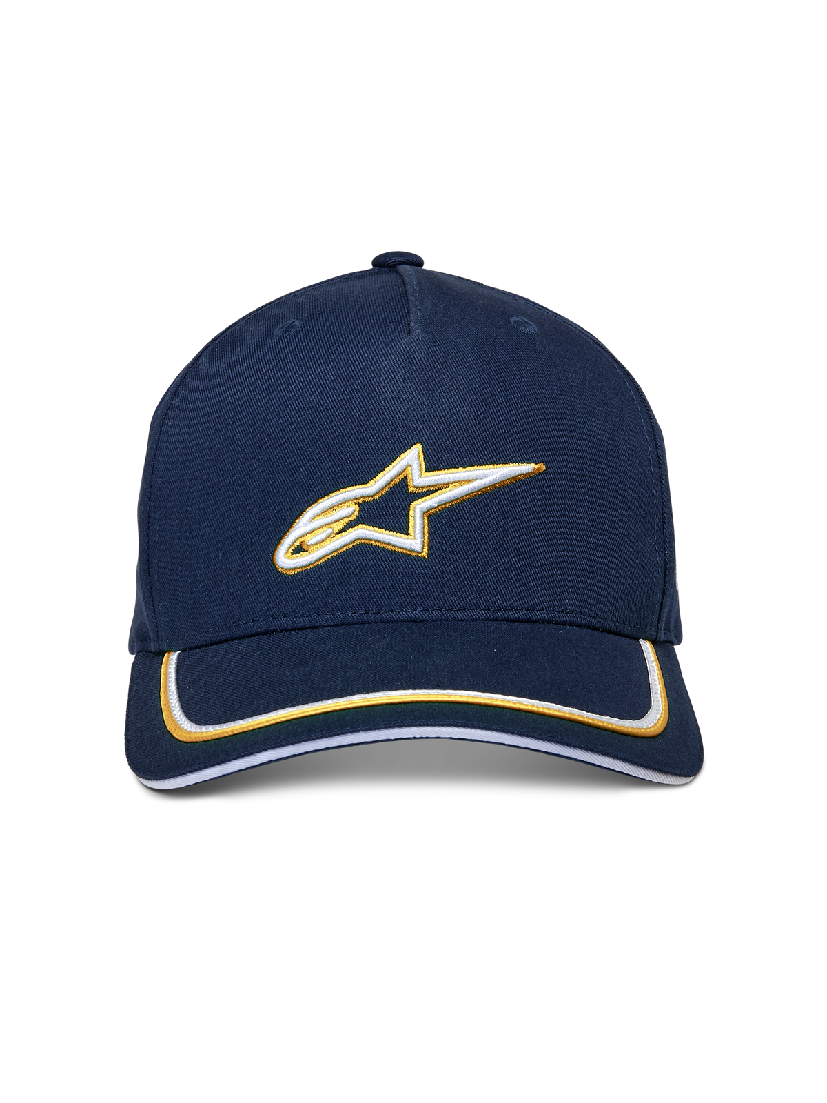 Alpinestars Ascension Snapback Mütze, Marineblau und Gold, 3D-gesticktes Astars-Logo in Weiß und Gold, gebogener Schirm mit doppeltem Sutache-Besatz, lässige, vom Motorsport inspirierte Kopfbedeckung