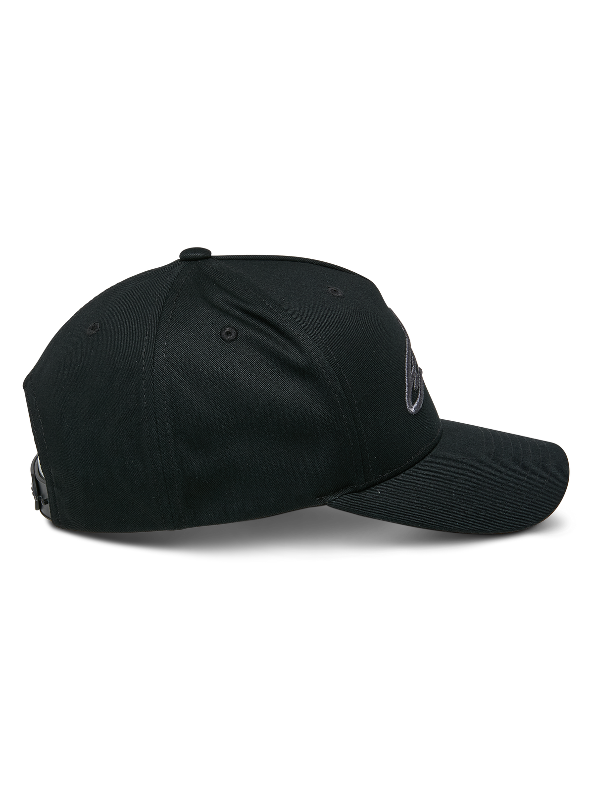 Alpinestars Ageless Snapback Hat, Black Charcoal, side profile view, structured crown with a curved bill, adjustable snapback, casual motorsport-inspired headwear