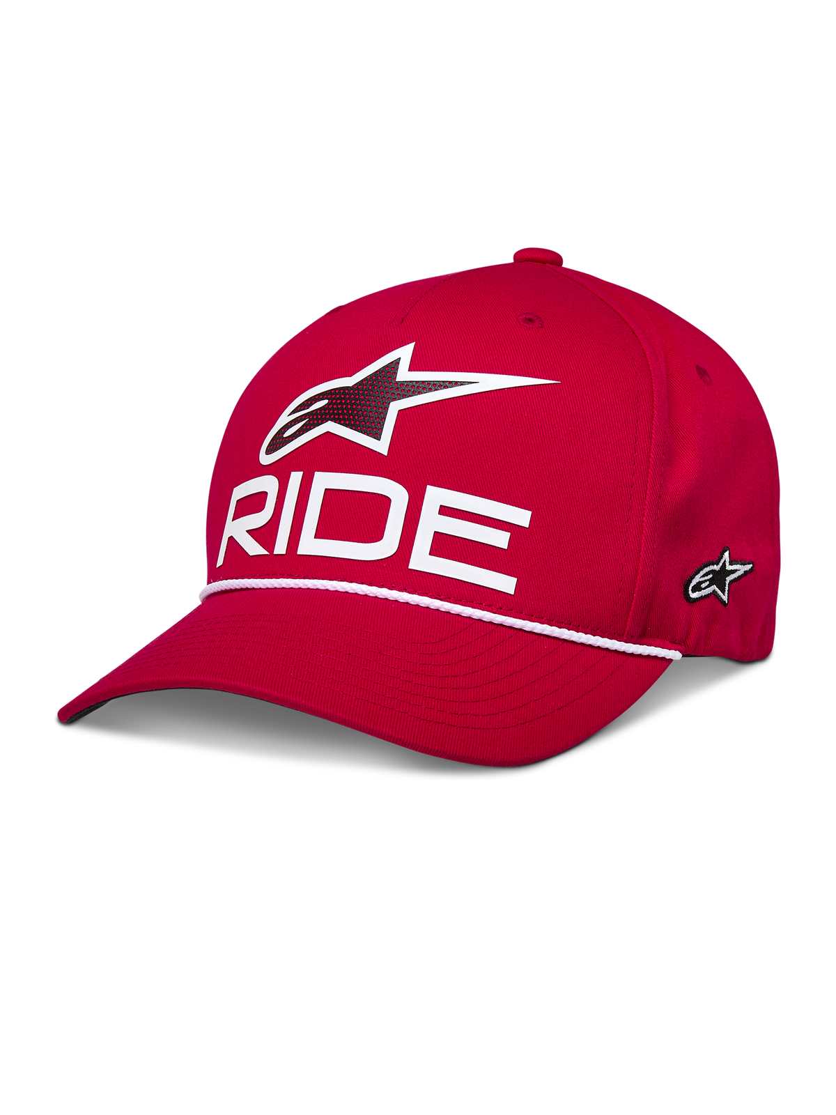 Alpinestars Ride Comp Snapback Hat, Rot, mit weißem 3D-Astars-Logo und „RIDE“-Schriftzug, gebogener Schirm mit weißem geflochtenem Kordelbesatz, strukturierte Krone, lässige Sportbekleidung