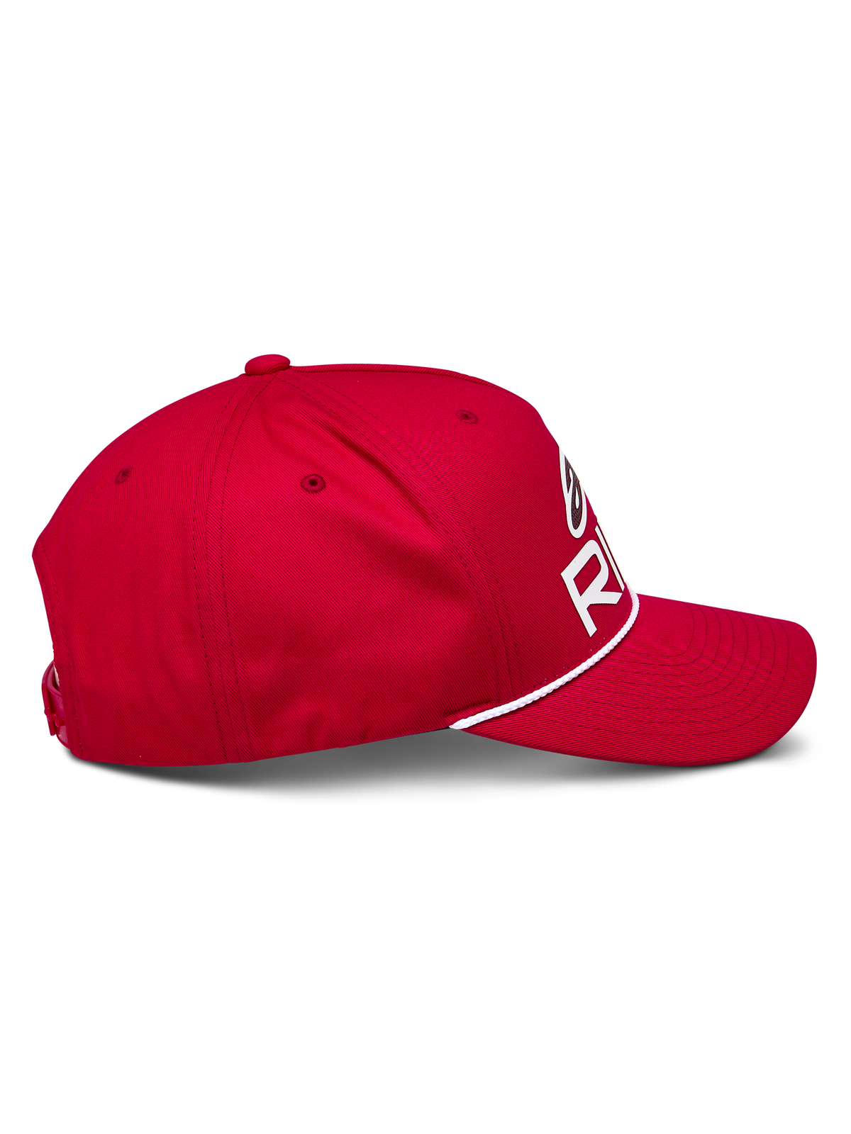 Alpinestars Ride Comp Snapback Kappe, Rot, Seitenansicht, gebogener Schirm mit weißem geflochtenem Seilbesatz, strukturierte Krone mit weißem Astars Ride Logo, lässige Motorsport-Kopfbedeckung