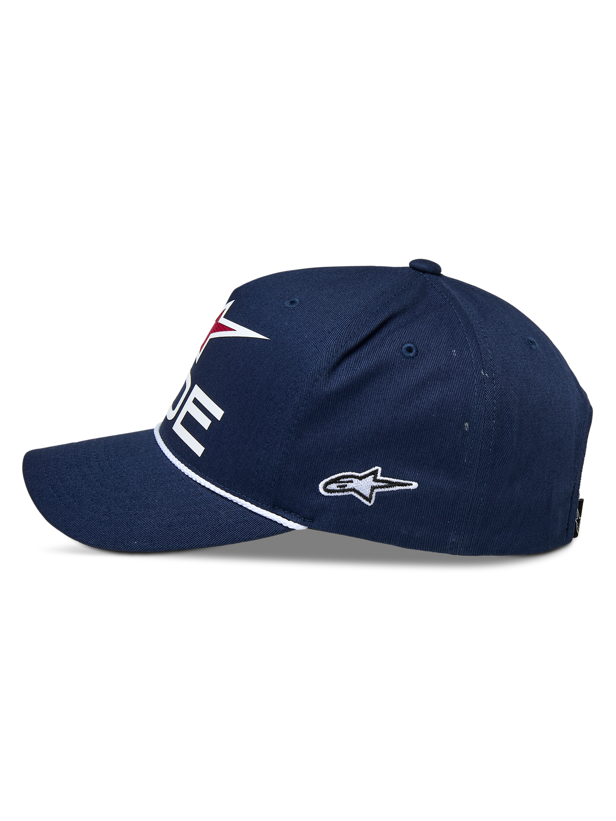 Alpinestars Ride Comp Snapback Hat, Navy White and Red, side view, structured crown with curved bill, white braided rope trim, embroidered side logo, casual motorsport headwear