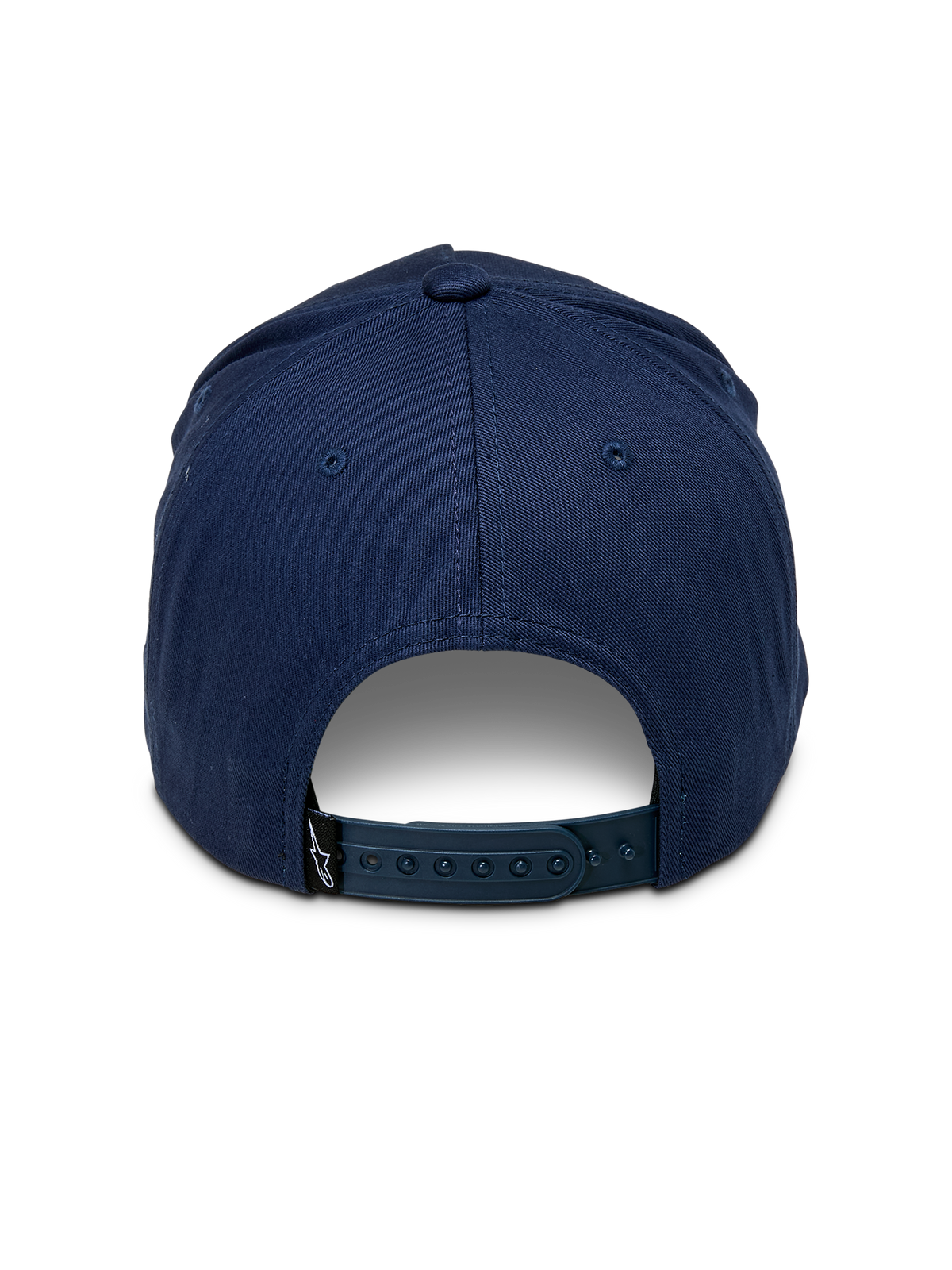 Alpinestars Ride Comp Snapback Hat, Navy Blue, rear view showing adjustable plastic snapback closure, small black logo tag, structured cotton twill crown, casual motorsport-inspired headwear
