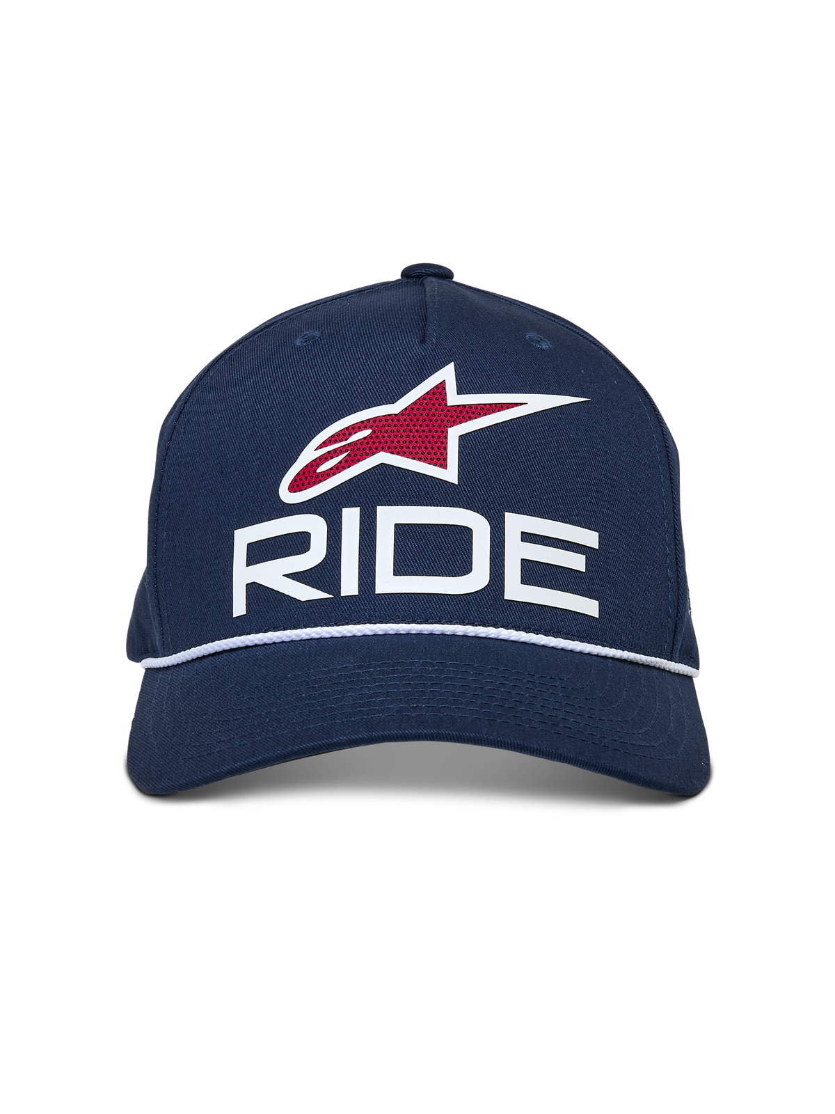 Alpinestars Ride Comp Snapback Hat, Navy Blue with White and Red accents, featuring a 3D RIDE logo, red star emblem, and white braided rope trim, curved bill, casual motorsport headwear