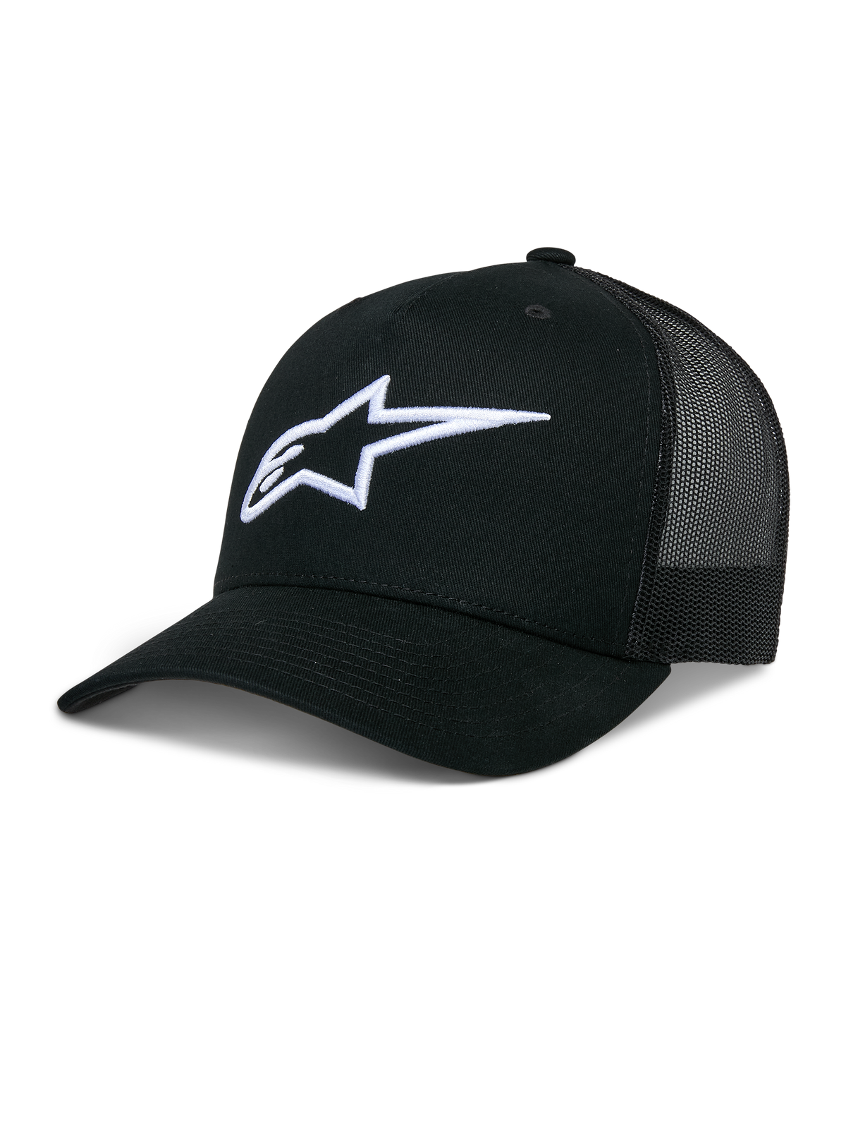 Alpinestars Ageless Trucker Hat, Schwarze Baseball-Kappe mit Mesh-Rückseite, Weißes 3D-gesticktes Astars-Logo, Strukturierte Krone und gebogener Schirm, Lässige Lifestyle-Kopfbedeckung