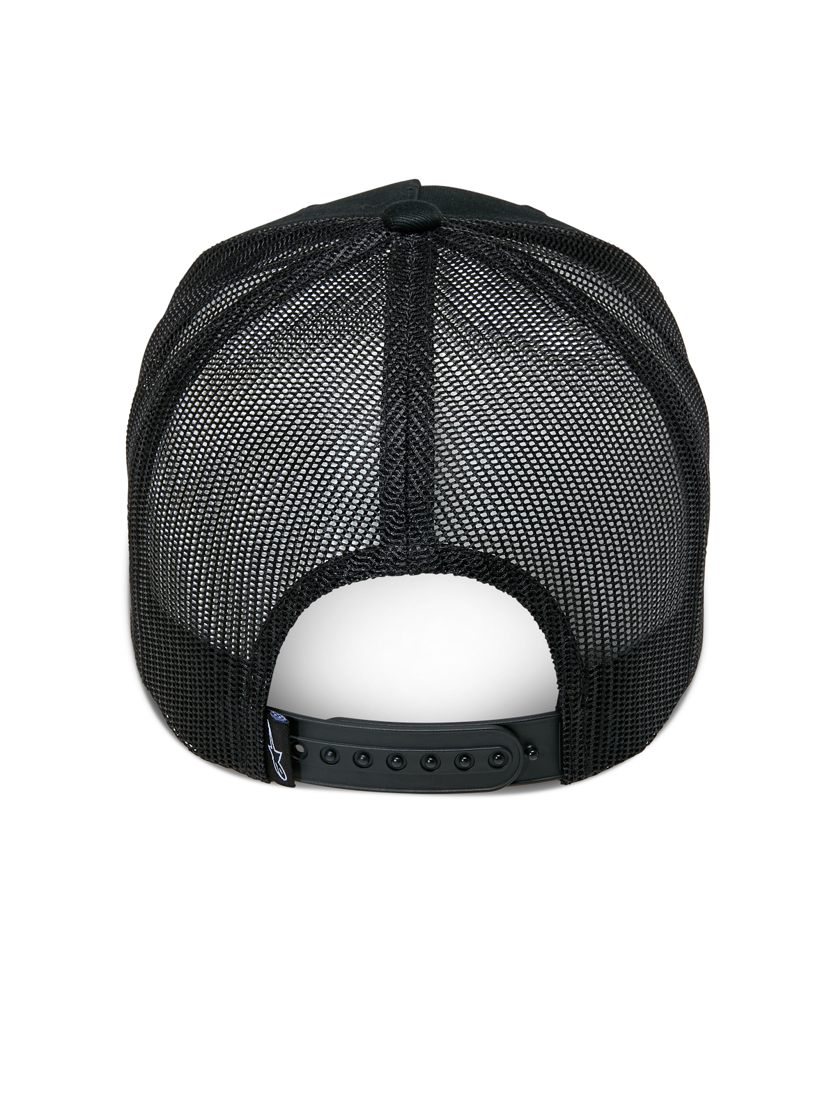 Alpinestars Ageless Trucker-Mütze, Schwarz, Rückansicht, mit schwarzen Mesh-Einsätzen hinten, verstellbarem Snapback-Verschluss und kleinem Astars-Logo-Label auf der Rückseite, lässige, vom Motorsport inspirierte Kopfbedeckung