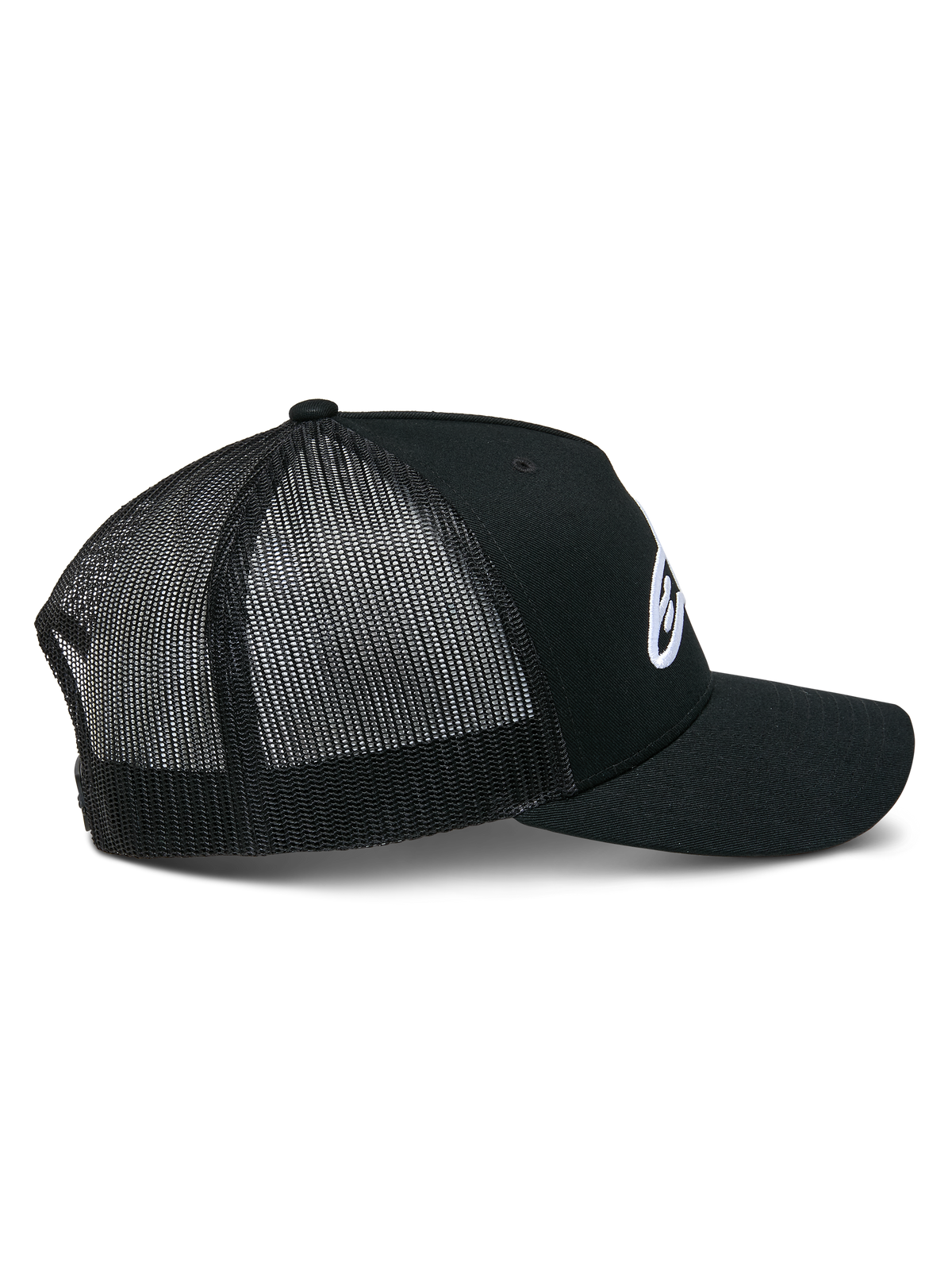 Alpinestars Ageless Trucker-Mütze, Schwarz, Seitenansicht mit strukturierter Krone und weißem bestickten Astars-Logo, gebogener Schirm und atmungsaktive schwarze Poly-Mesh-Einsätze an der Rückseite.