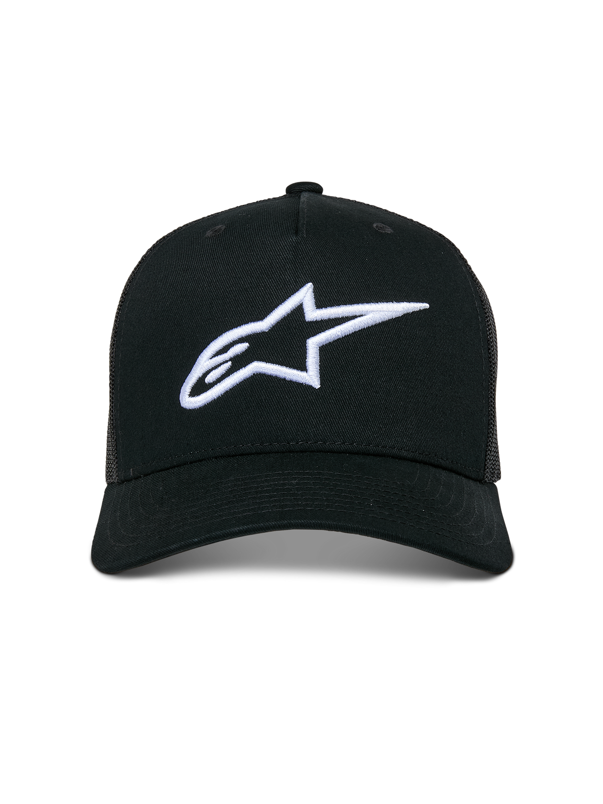 Alpinestars Ageless Trucker Hat, lässige Trucker-Kappe, Schwarz mit weißem 3D-besticktem Astars-Logo, mit gebogenem Schirm und Mesh-Einsätzen hinten, Motorsport-inspirierte Streetwear