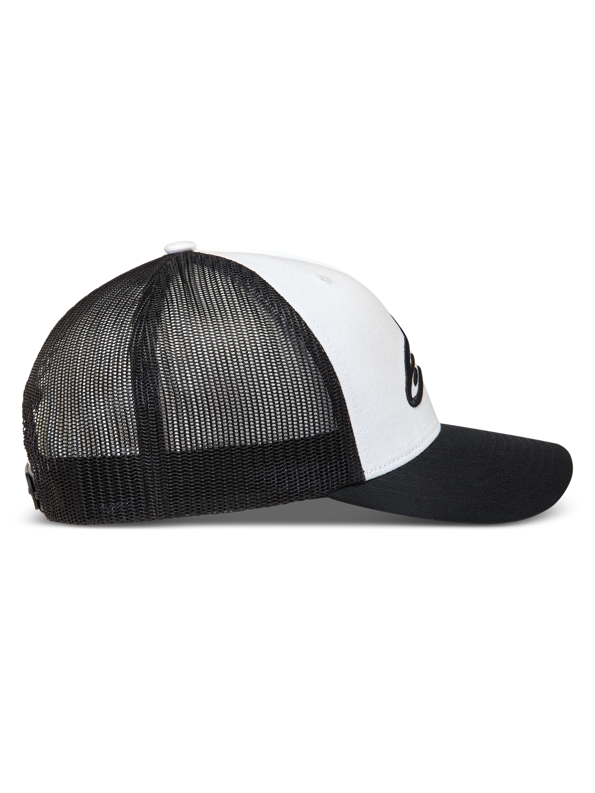 Alpinestars Ageless Snapback Kappe, Sportswear Trucker Cap in Schwarz und Weiß mit Netzgewebe und gebogenem Schirm.