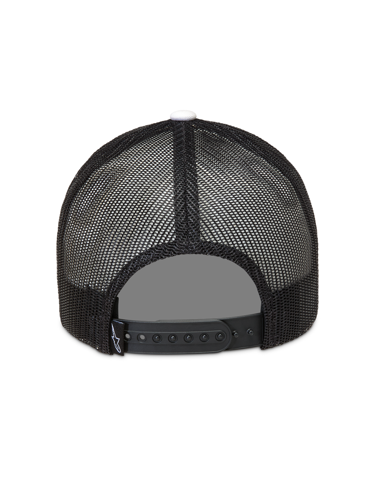 Alpinestars Ageless Snapback Kappe, Rückansicht mit schwarzem Mesh im Trucker-Stil, Snapback-Verschluss und weißem Knopf.