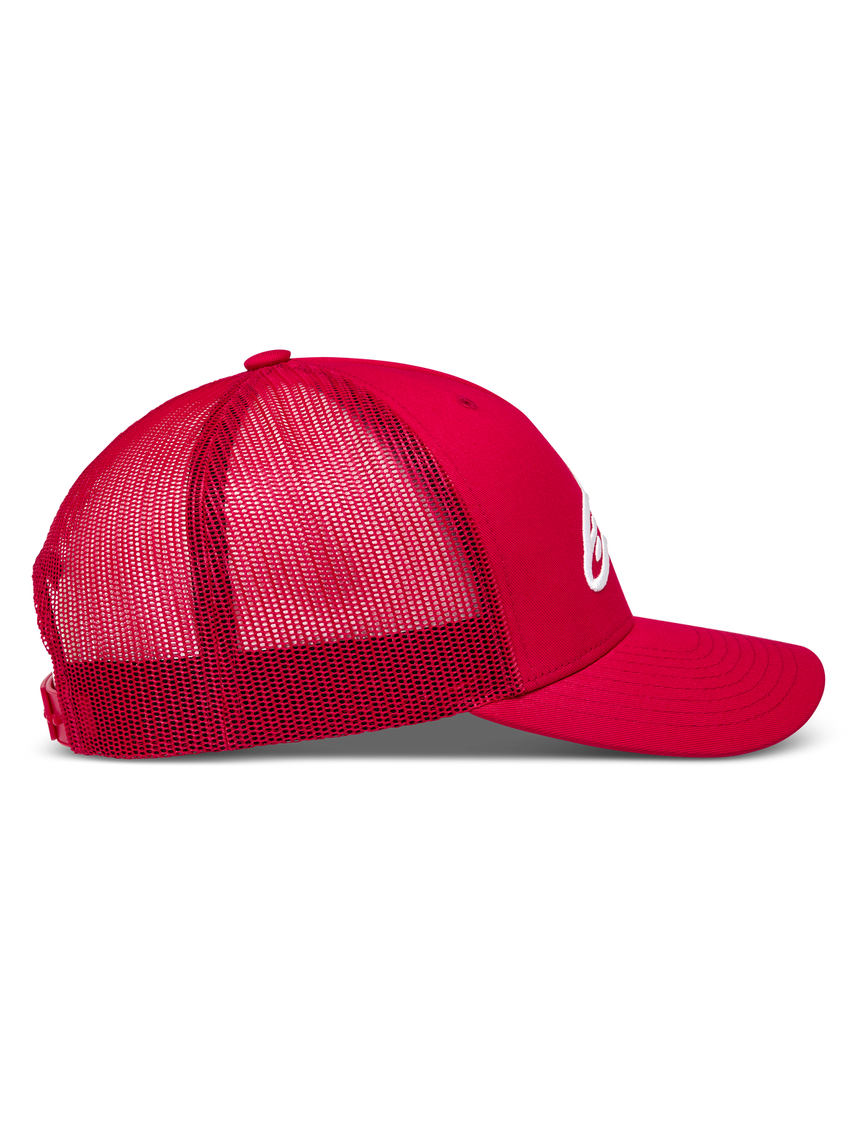 Alpinestars Ageless Snapback Kappe, rote Trucker-Cap mit atmungsaktivem Mesh-Rücken, gebogenem Schirm und weißem 3D-Logo.