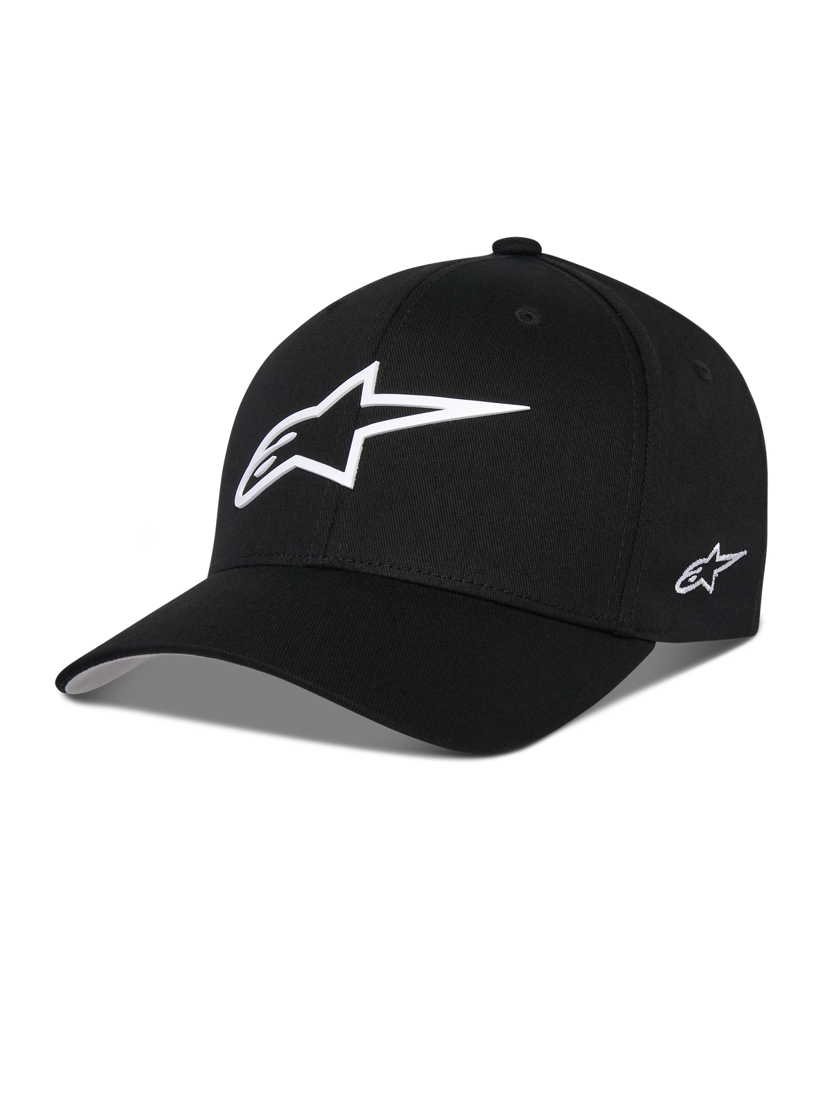 Alpinestars Ageless Multi Hat, schwarze Baseball-Kappe, mit großem weißem 3D-Stern-Logo auf der Vorderseite und einem kleinen gestickten Logo an der Seite, gebogener Schirm, strukturierte Krone, lässige, vom Motorsport inspirierte Kopfbedeckung