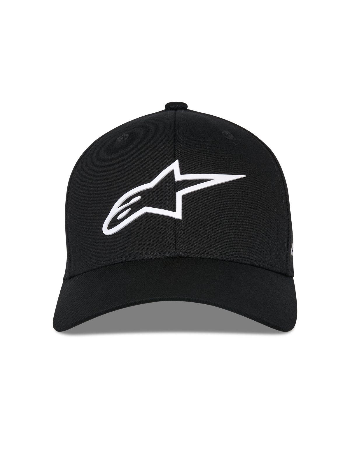 Alpinestars Ageless Multi Kappe, schwarze Baseball-Cap, Vorderansicht, weißes 3D-Astars-Logo, gebogener Schirm, strukturierte Krone, lässige Sportbekleidung