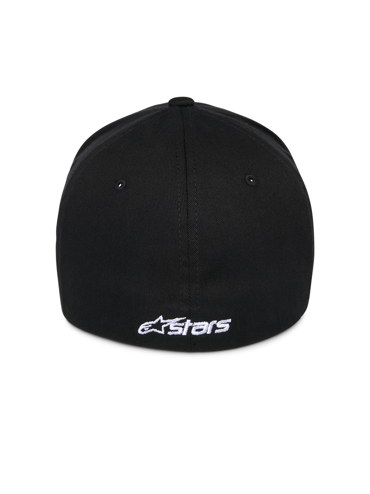 Alpinestars Ageless Multi Hat, schwarze Baseball-Cap, Rückansicht mit weiß besticktem Astars-Logo, Flex-Rückseite, lässiger Sportswear-Stil