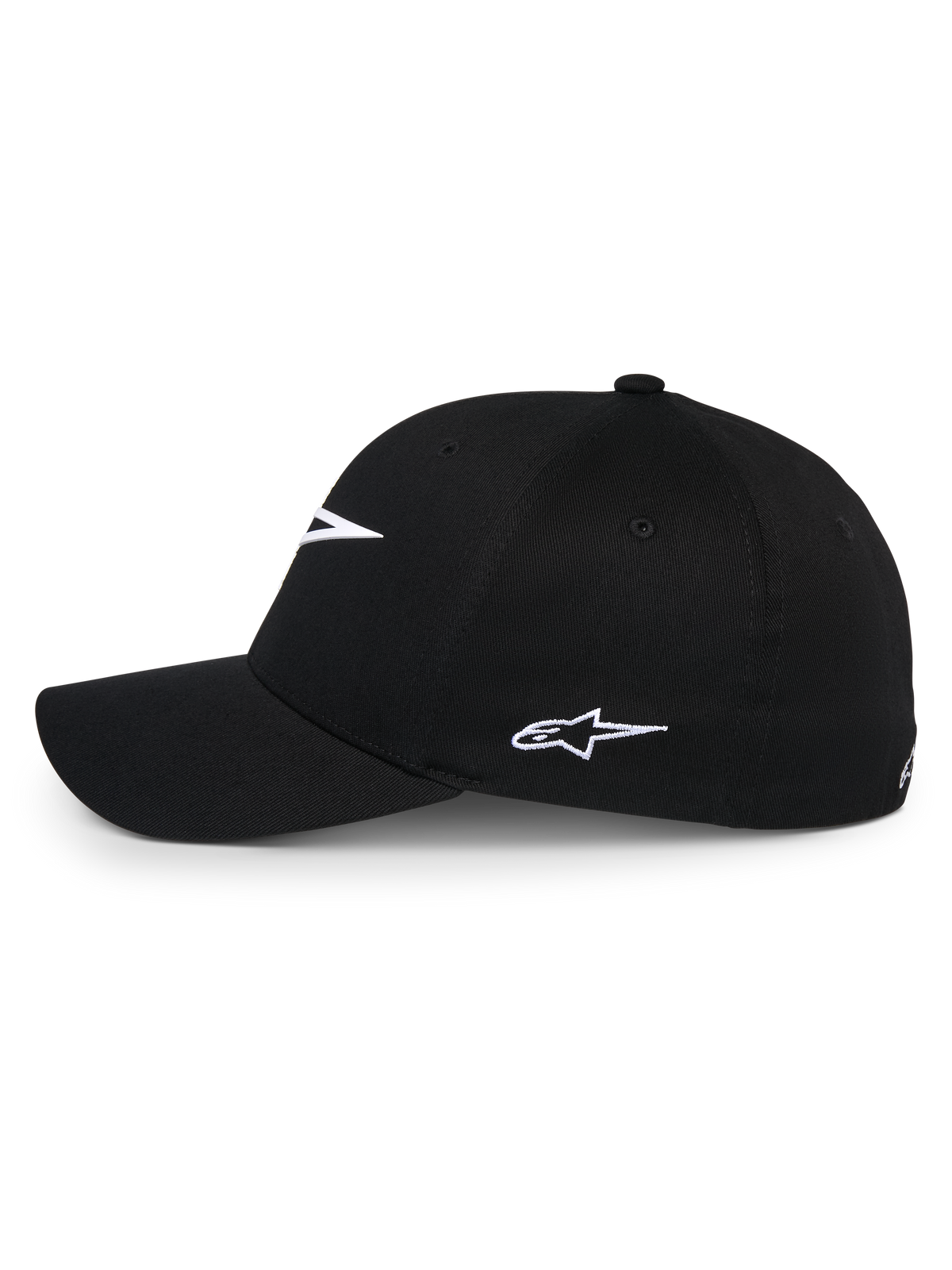 Alpinestars Ageless Multi Kappe, schwarze Baseball-Kappe, Seitenansicht mit weißem gesticktem Astars-Logo, gebogener Schirm und strukturierte Krone, lässige Sportbekleidung