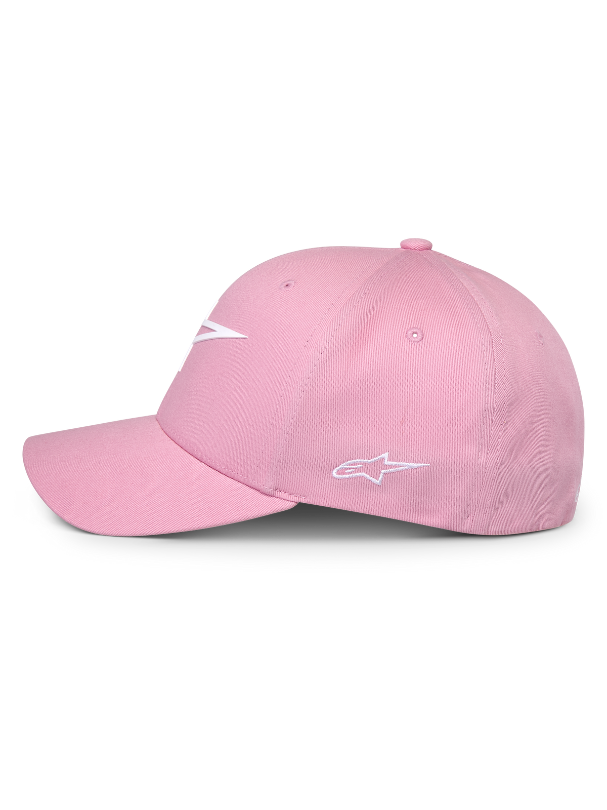 Alpinestars Ageless Multi Hat, Pink, Side profile view, featuring white 3D printed front logo and embroidered side logo, structured crown with curved bill, casual motorsport-inspired headwear