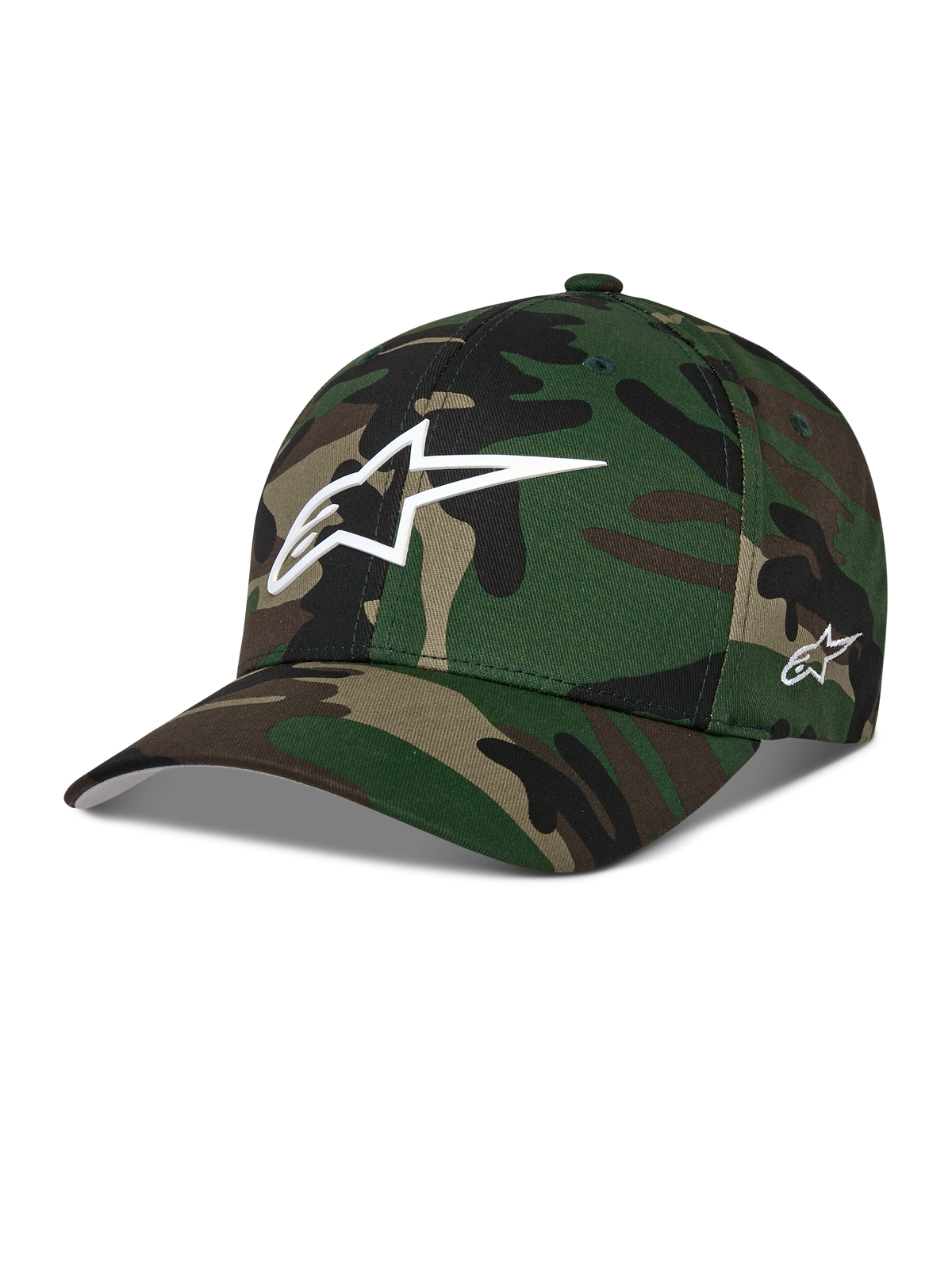 Alpinestars Ageless Multi Hat, Baseball-Cap im grünen Camouflage-Design, mit weißem 3D-Astars-Logo auf der Vorderseite und seitlicher Stickerei, gebogener Schirm, strukturierte Krone, lässige, vom Motorsport inspirierte Streetwear