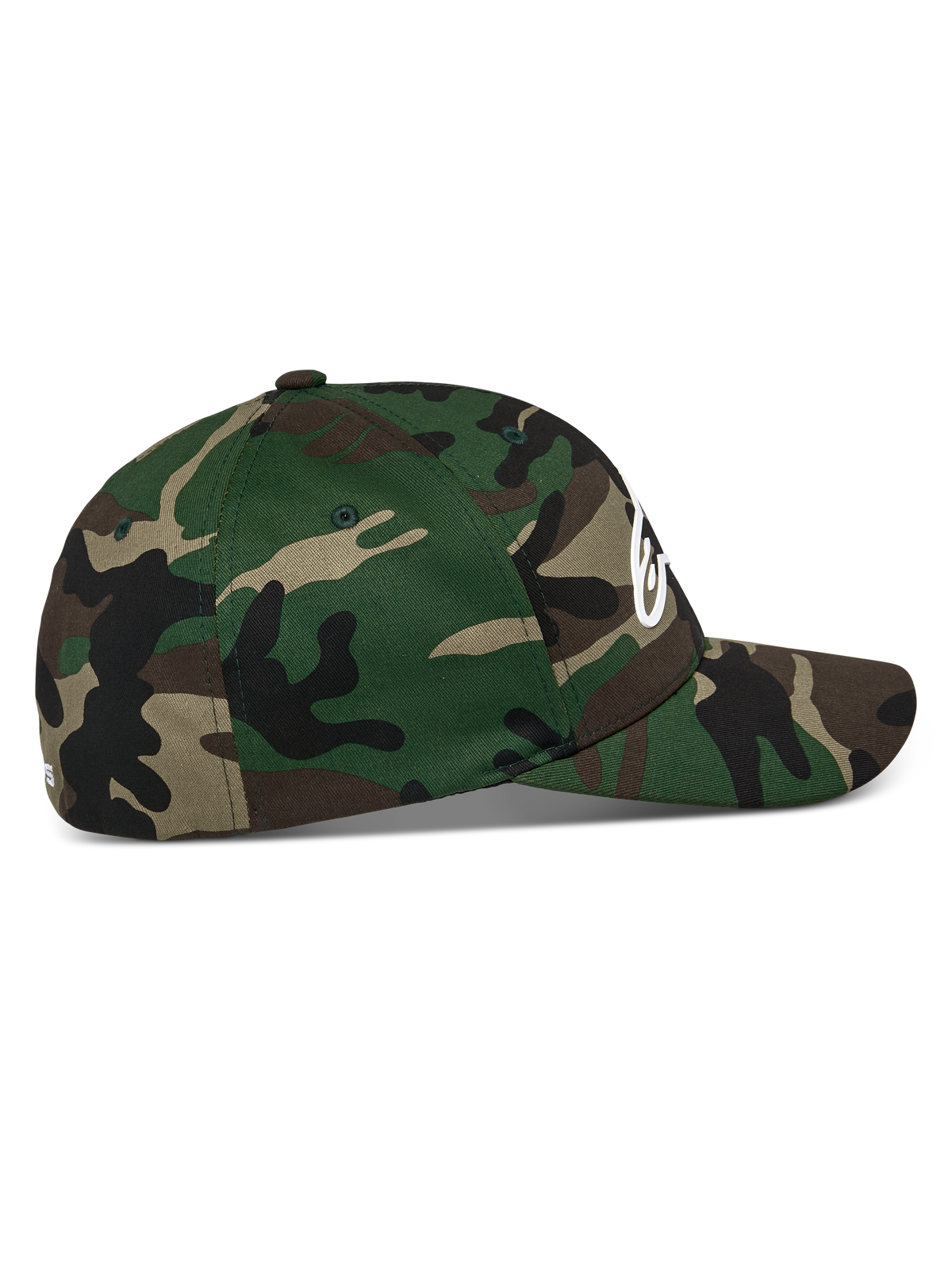 Alpinestars Ageless Multi Cap, Green Camo, Seitenansicht, gebogener Schirm mit strukturierter Krone, Stretch-Twill-Gewebe, weißes 3D-Druck Astars-Logo vorne und flache Stickerei hinten, lässige Sportbekleidung