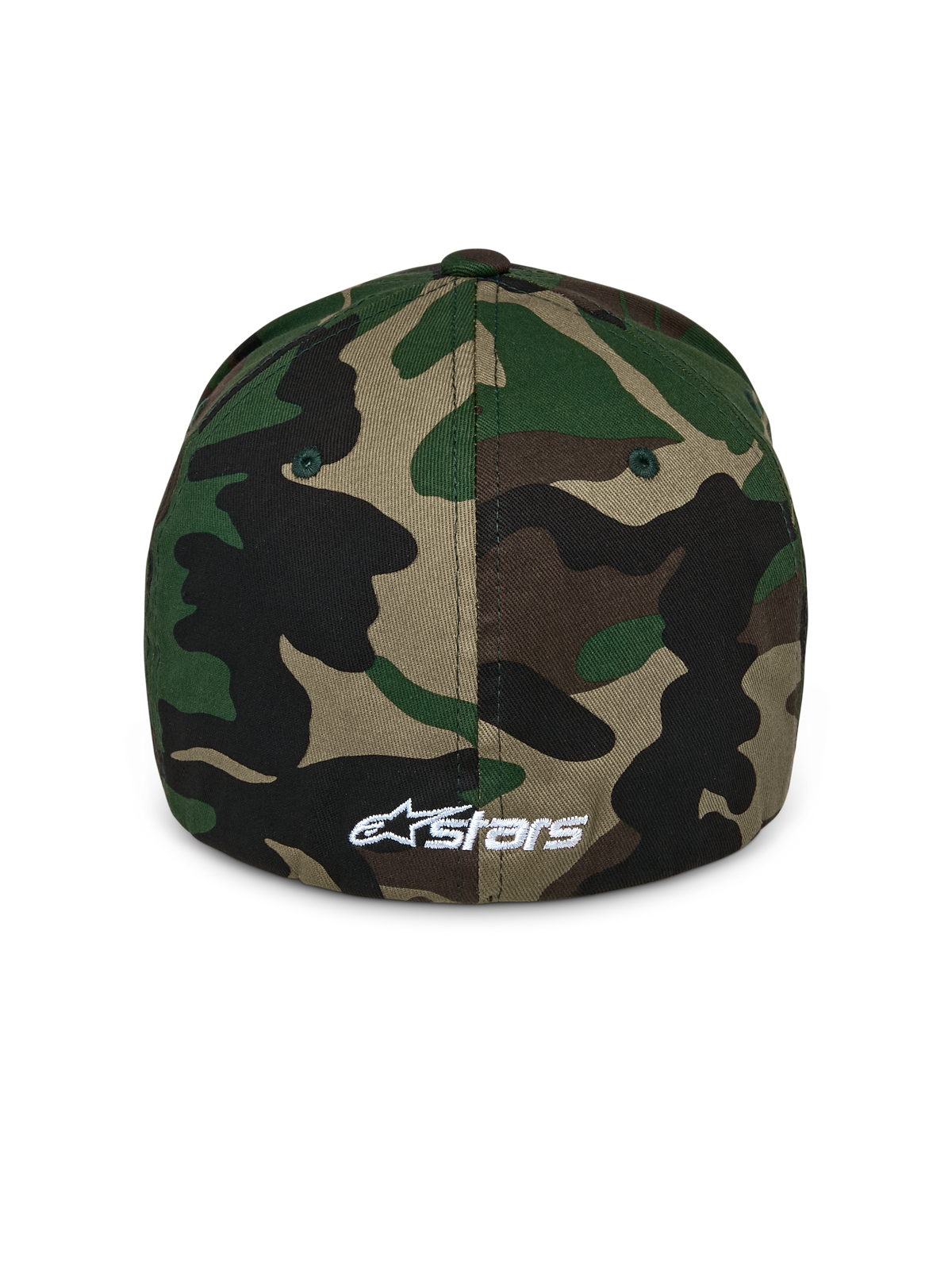 Alpinestars Ageless Multi Hat, Baseballkappe in Green Camo, Rückansicht mit einem kleinen weiß gestickten Astars-Logo, strukturierte Krone und Flex-Back-Design