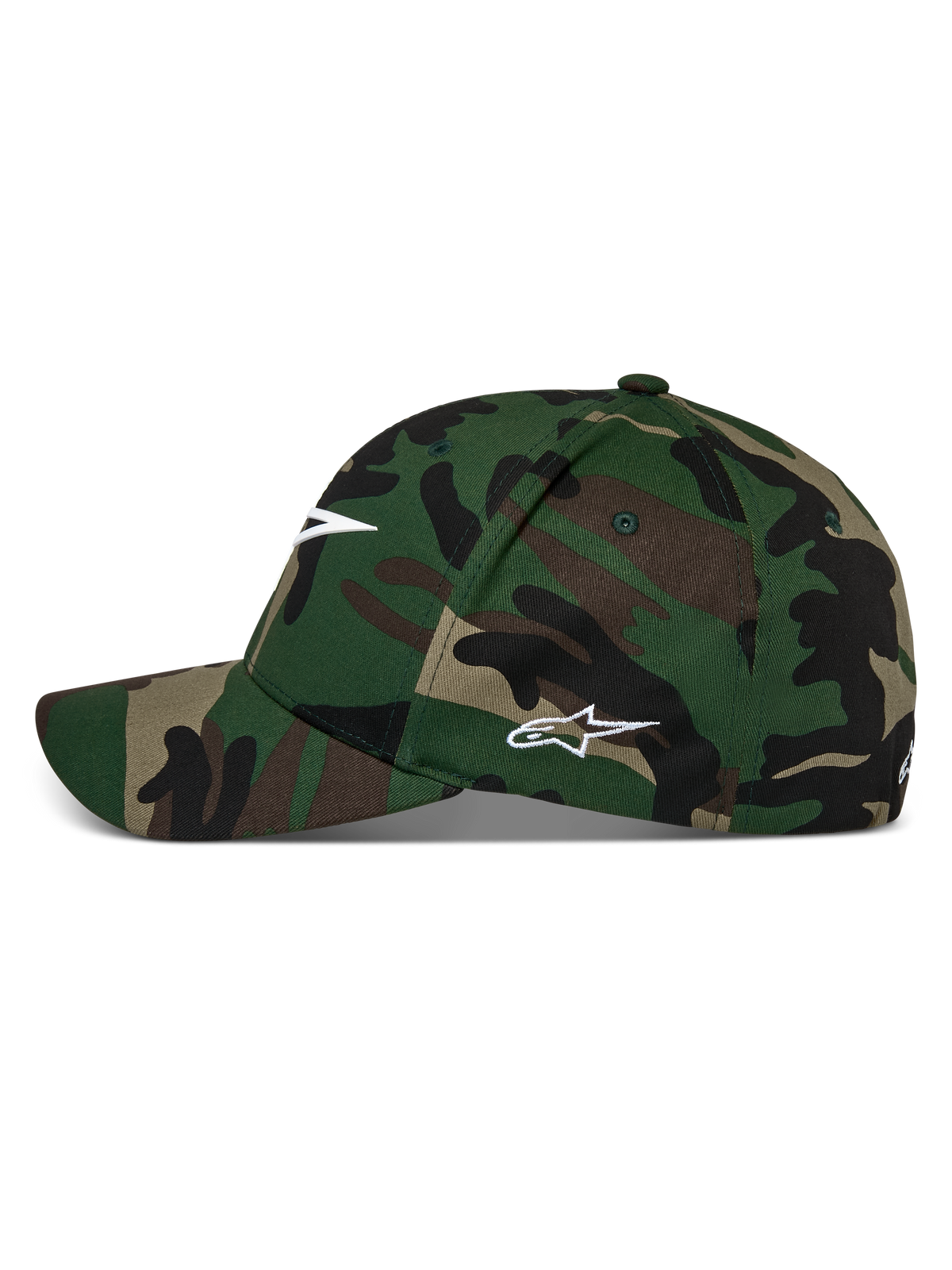 Alpinestars Ageless Multi Mütze, Baseball-Cap in grünem Camouflage, gebogener Schirm mit strukturierter Krone, weißes Astars-Logo auf der Vorderseite und Seite, lässige Motorsport-Streetwear