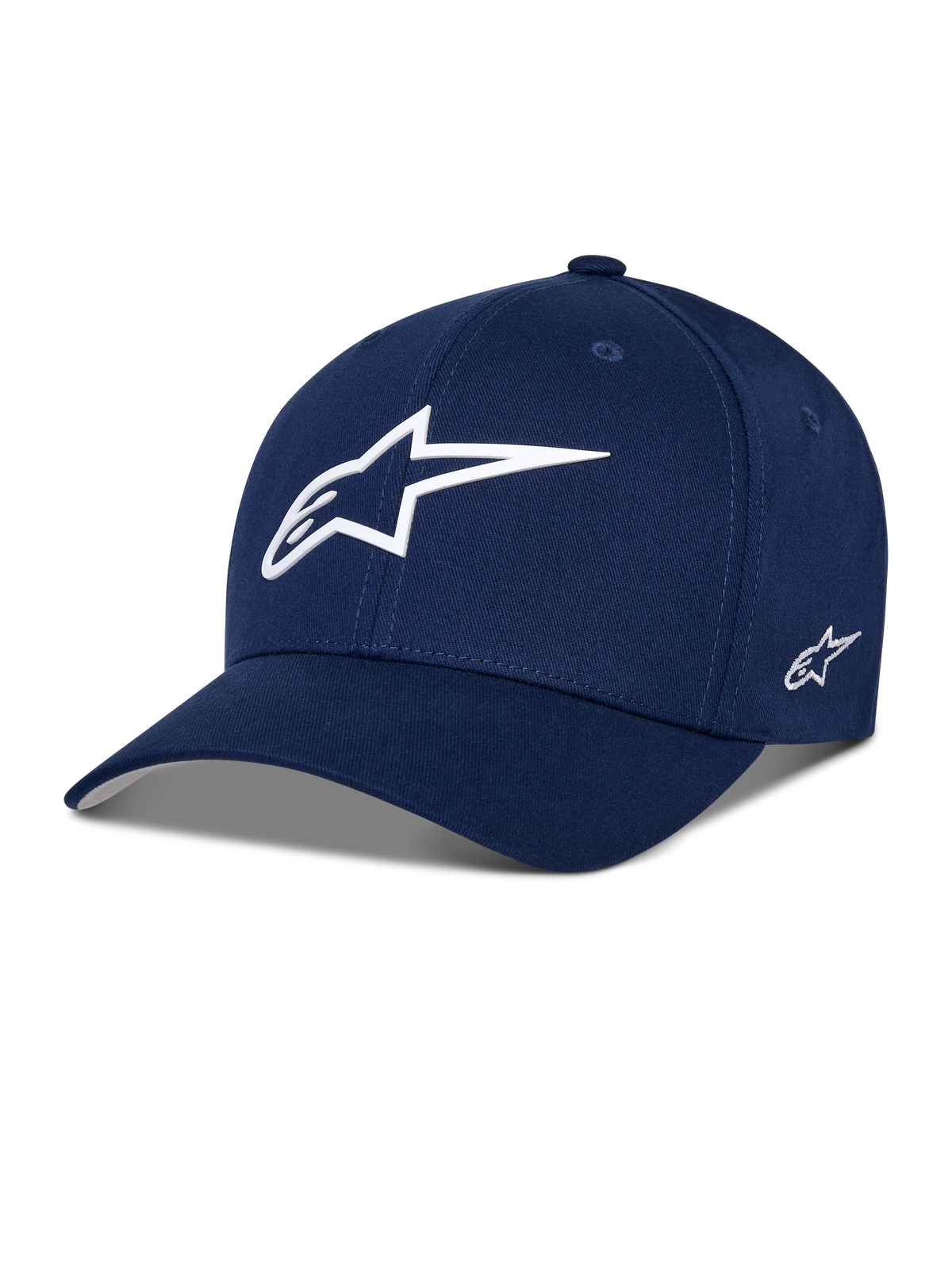 Alpinestars Ageless Multi Hat, dunkelblaue Baseball-Cap, weißes 3D-Stern-Logo auf der Vorderseite, besticktes Seitenlogo, gebogener Schirm, lässige Sportswear-Lifestyle-Kopfbedeckung
