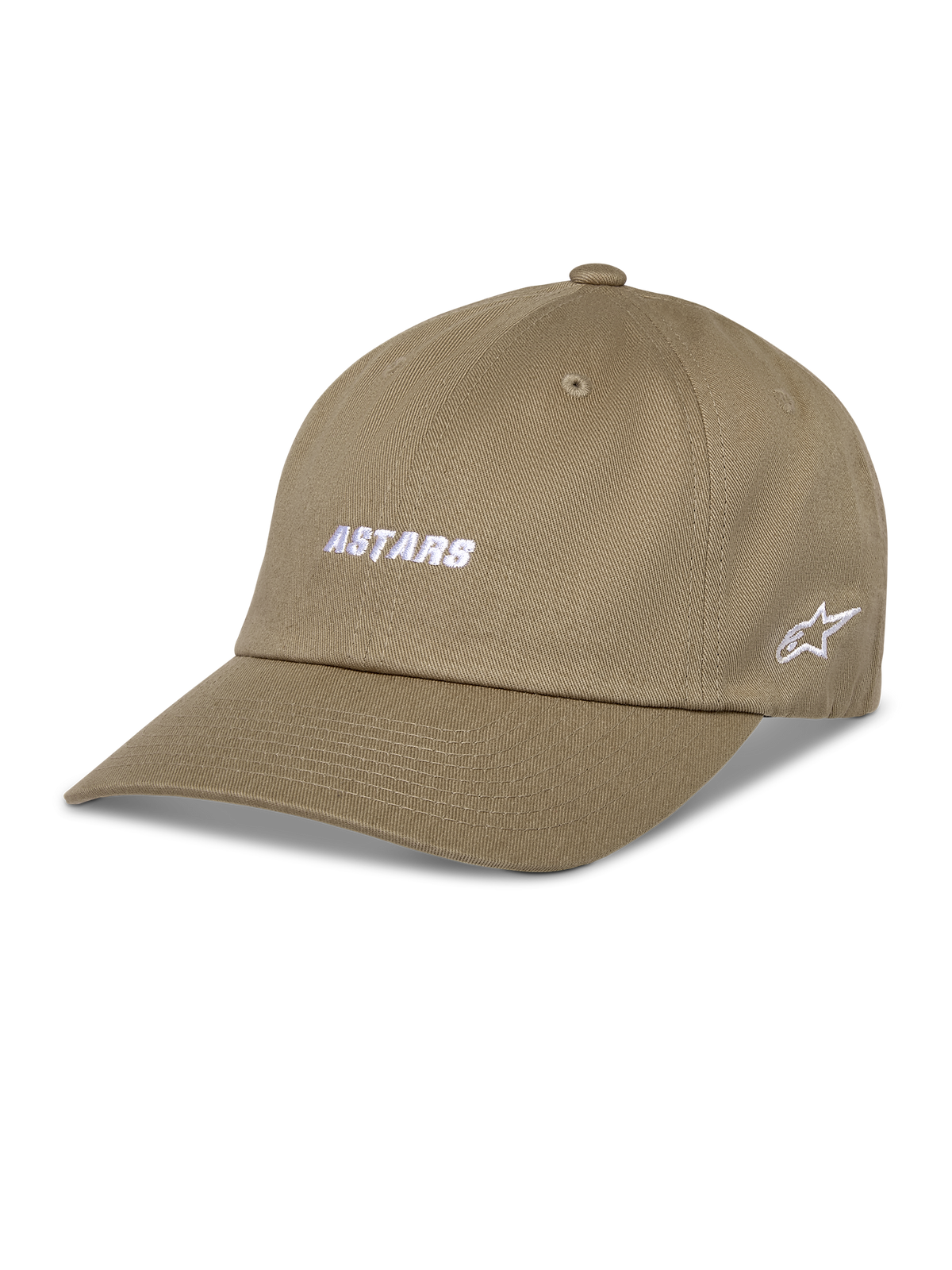 Alpinestars Deduce Strapback Hat, Khaki Baseball-Cap, weiße ASTARS-Stickerei vorne und seitliches Stern-Logo, gebogener Schirm, Baumwoll-Twill, lässige Sportbekleidung