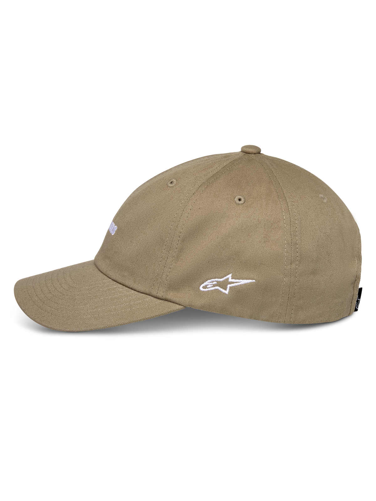 Alpinestars Deduce Strapback Kappe, Khaki, Seitenansicht mit weiß gesticktem Astars-Logo, gebogener Schirm, Baumwoll-Twill-Konstruktion, lässige Motorsport-Streetwear
