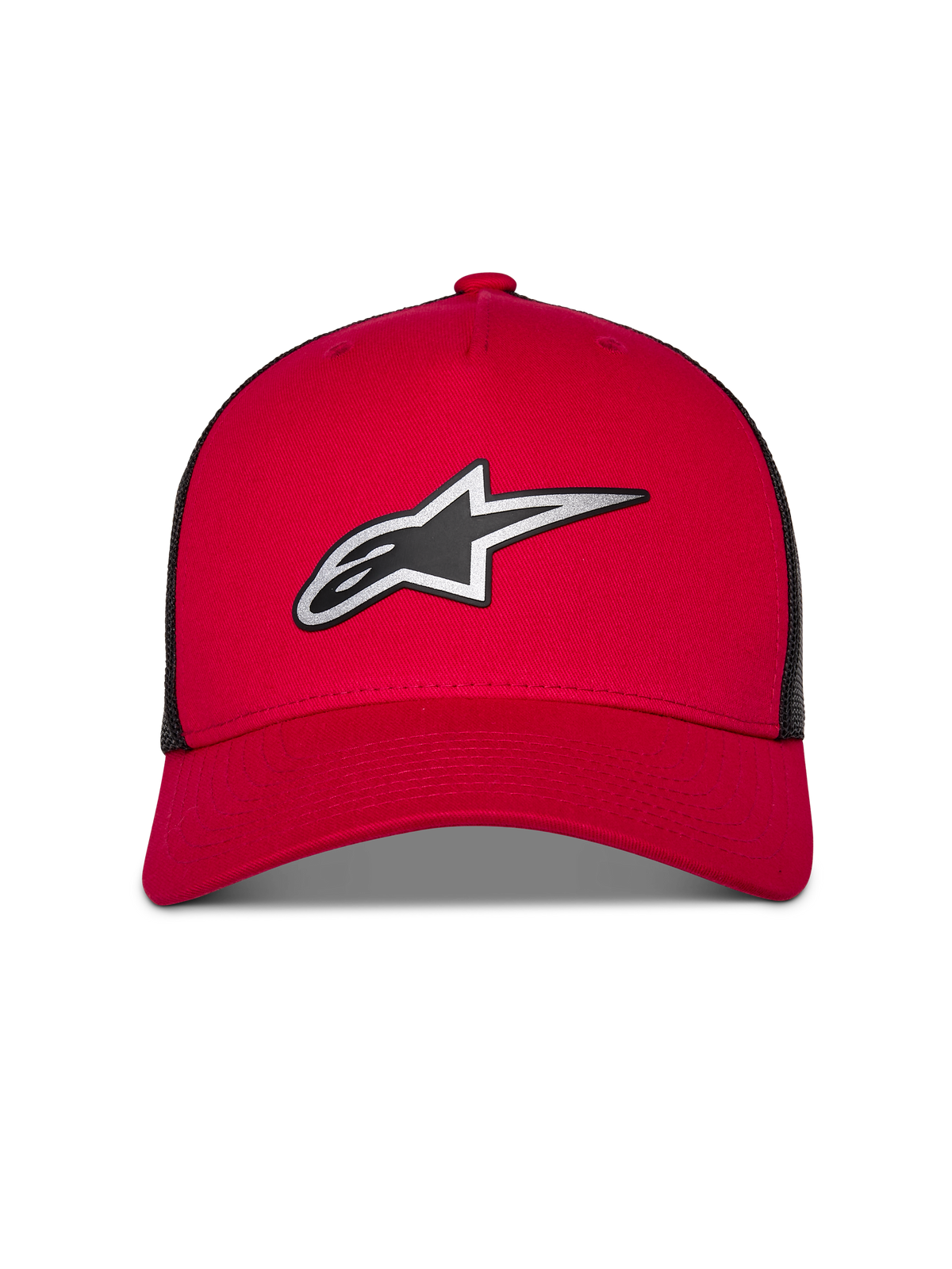 Alpinestars Reflect Ageless Trucker-Mütze, Rot und Schwarz, mit großem reflektierendem Astars-Logo in Silber und Schwarz, gebogener Schirm, strukturierte Krone, schwarze Mesh-Einsätze, lässige Motorsport-Lifestyle-Kopfbedeckung