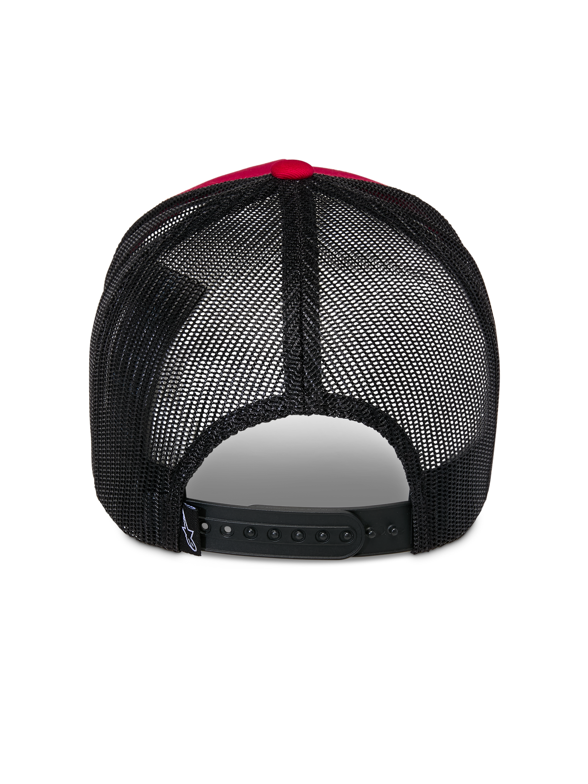 Alpinestars Reflect Ageless Trucker-Mütze, Rückansicht, Rot und Schwarz, mit schwarzen Poly-Mesh-Einsätzen und verstellbarem Snapback-Verschluss, lässige, vom Motorsport inspirierte Kopfbedeckung