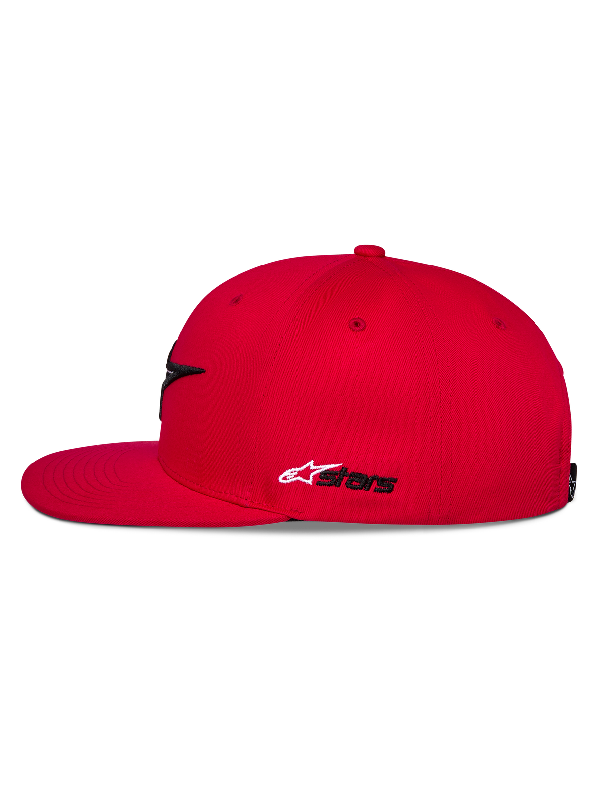 Alpinestars Thickness Snapback Cap, Rot, Seitenansicht, flacher Schirm und strukturierte Krone, weiß-schwarze Astars-Stickerei an der Seite, lässige, vom Motorsport inspirierte Kopfbedeckung