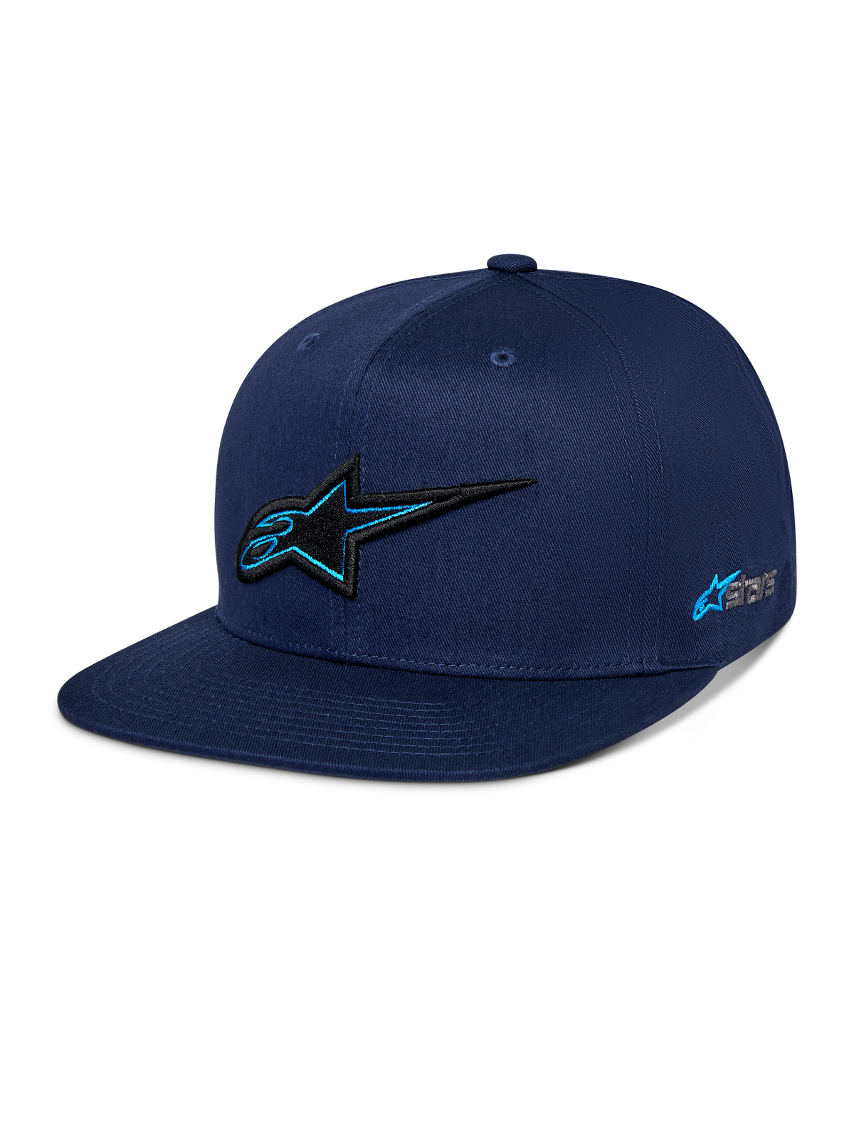 Alpinestars Thickness Snapback Cap, Dunkelblau, strukturierte Krone mit flachem Schirm, schwarzes 3D-gesticktes Astars-Logo mit hellblauer Kontur, seitliche Logo-Stickerei, lässige Motorsport-inspirierte Streetwear.