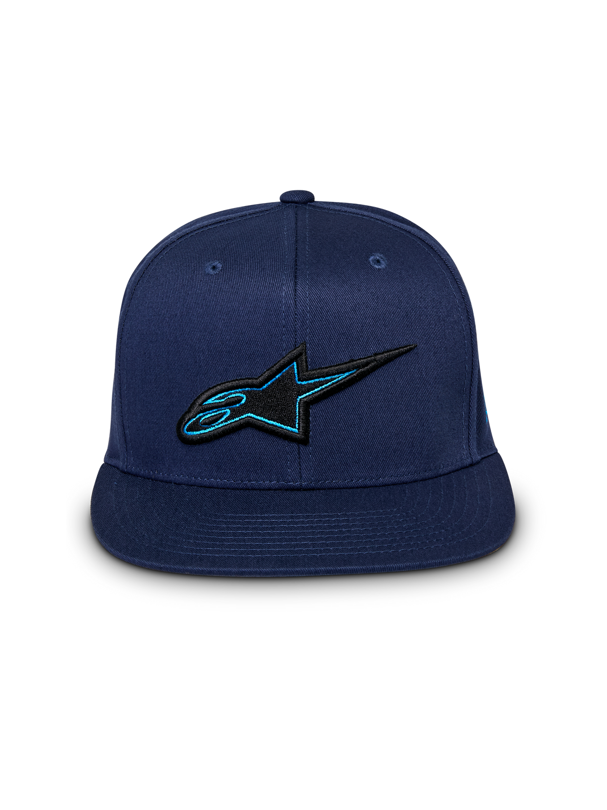 Alpinestars Thickness Snapback Mütze, dunkelblaue Kappe, Vorderansicht, 3D-gesticktes Astars-Logo in Schwarz und Blau, flacher Schirm, lässige Motorsport-Streetwear