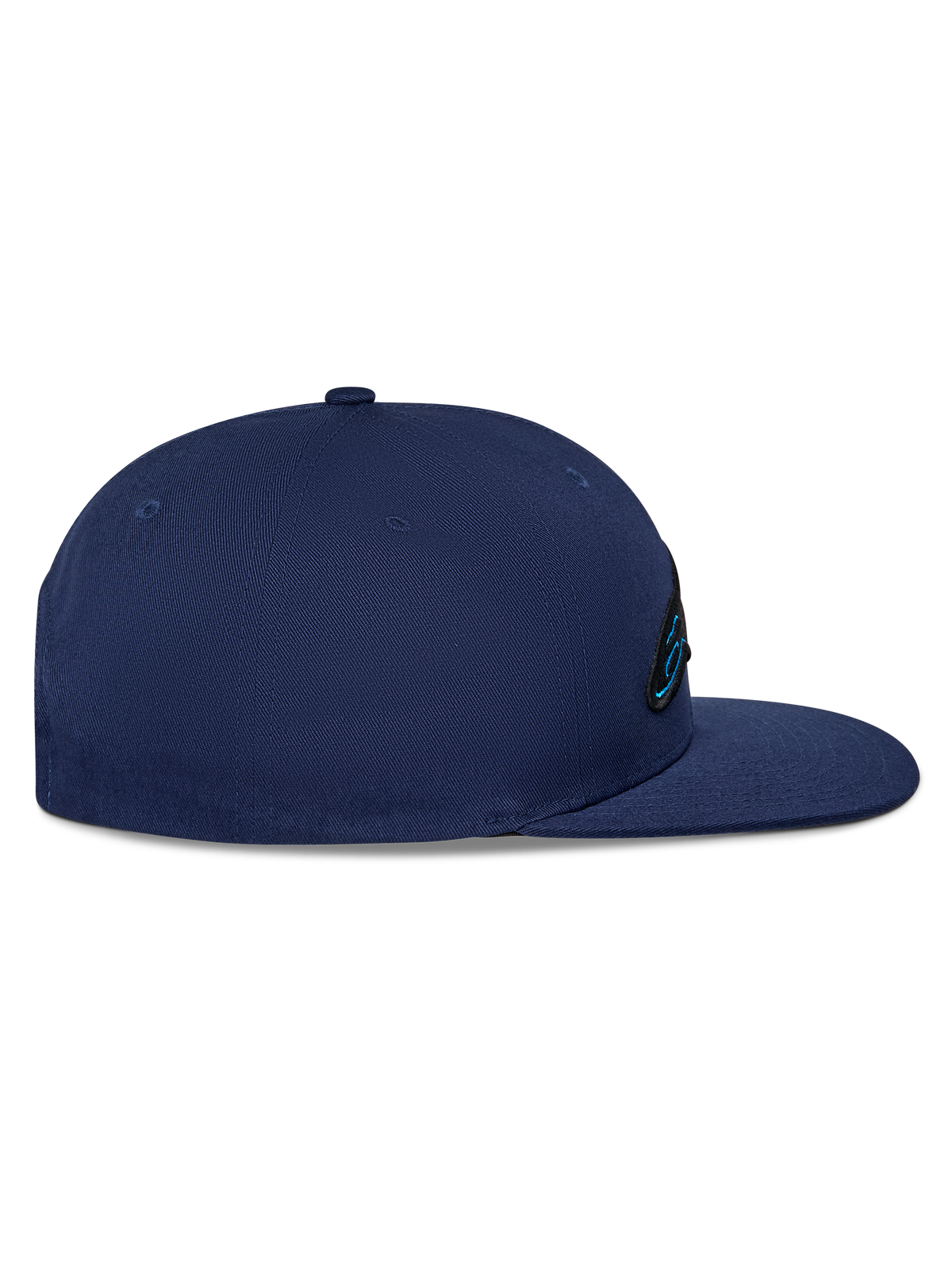 Alpinestars Thickness Snapback Mütze, dunkelblaue Kappe, Seitenansicht, strukturierte Krone mit flachem Schirm, Baumwoll-Twill-Gewebe, besticktes Logo-Detail auf der Vorderseite, lässige Motorsport-Kopfbedeckung
