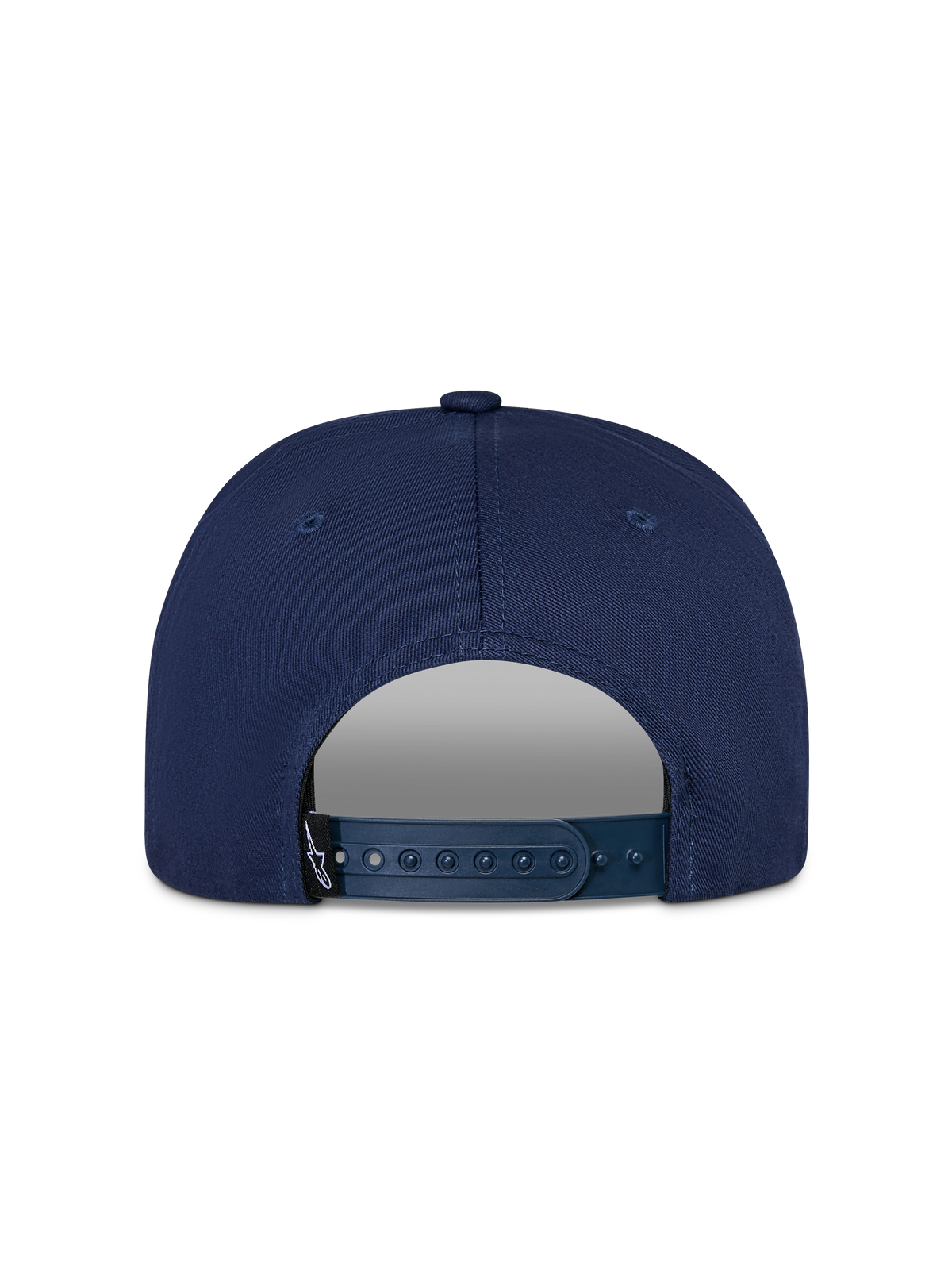 Alpinestars Thickness Snapback Mütze, Marineblau, Rückansicht mit verstellbarem Snapback-Verschluss und kleinem schwarzem Astars-Logo-Etikett, strukturierte Baumwoll-Twill-Konstruktion