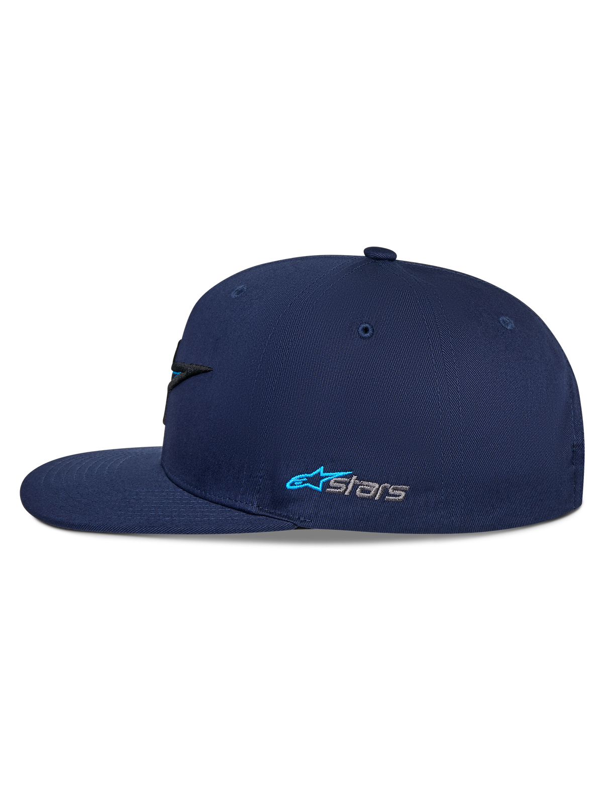 Alpinestars Thickness Snapback Mütze, Dunkelblau, Seitenansicht, flacher Schirm mit strukturierter Krone, gesticktes Astars-Seitenlogo in Hellblau und Grau, lässige Motorsport-Streetwear