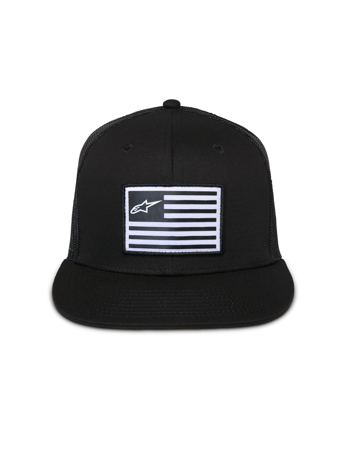Alpinestars Flag Flat Trucker Hat, Schwarz, Cap mit flachem Schirm und strukturierter Krone, zentraler rechteckiger Patch mit weißer Flagge und Alpinestars-Logo, Mesh-Rückseite, lässige, vom Motorsport inspirierte Streetwear