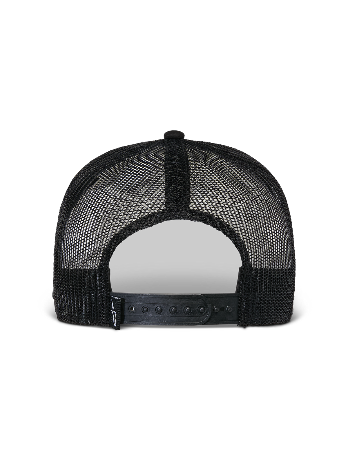 Alpinestars Flag Flat Trucker Mütze, Schwarz, Rückansicht mit atmungsaktiver Poly-Mesh-Konstruktion, verstellbarem Snapback-Verschluss und kleinem gewebtem Logo-Detail, lässige Motorsport-Kopfbedeckung