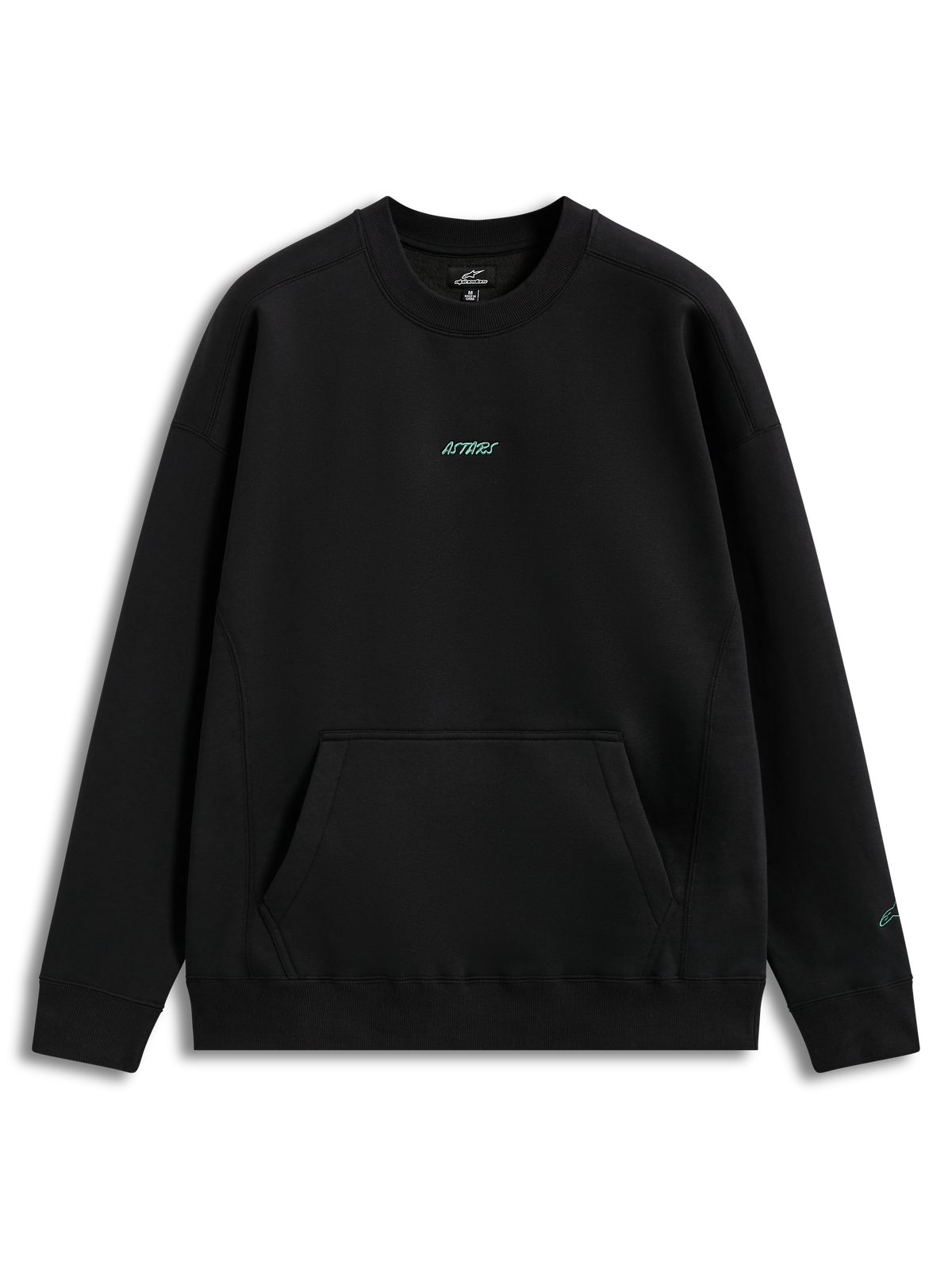 Alpinestars Guise Oversized Crew, schwarzes Fleece-Sweatshirt mit türkis besticktem Astars-Logo und Kängurutasche.