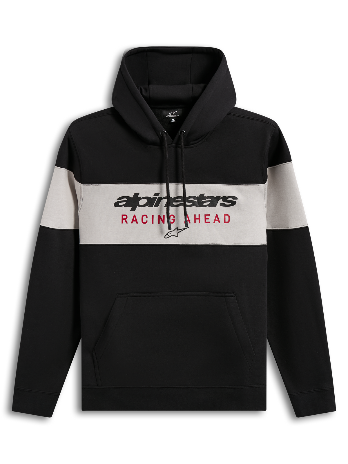 Alpinestars Cubic Hoodie, schwarz-grauer Kapuzenpullover aus Fleece mit Racing Ahead Logo und Kängurutasche.