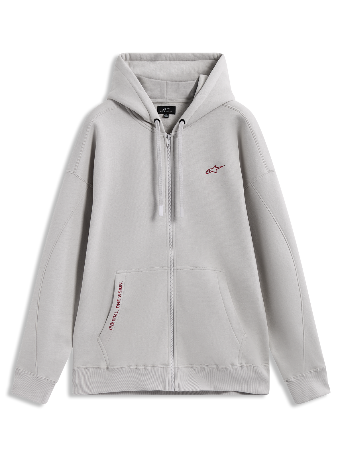 Alpinestars Pioneer Oversized Hoodie, zementgraue Fleecejacke mit Reißverschluss, Kängurutasche und roten Logo-Details.