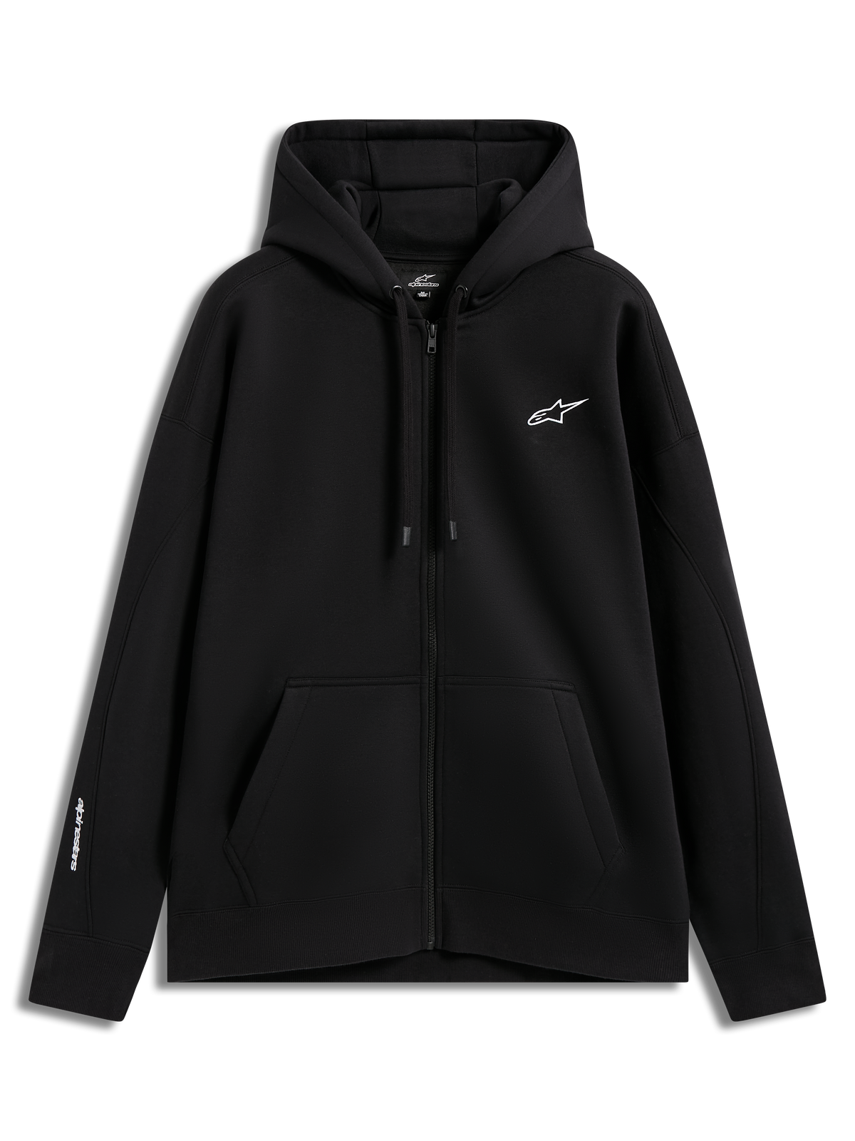Alpinestars Entity Oversized Hoodie, Fleece-Kapuzenjacke in Schwarz, weiße Logo-Stickerei, Reißverschluss und Kängurutasche