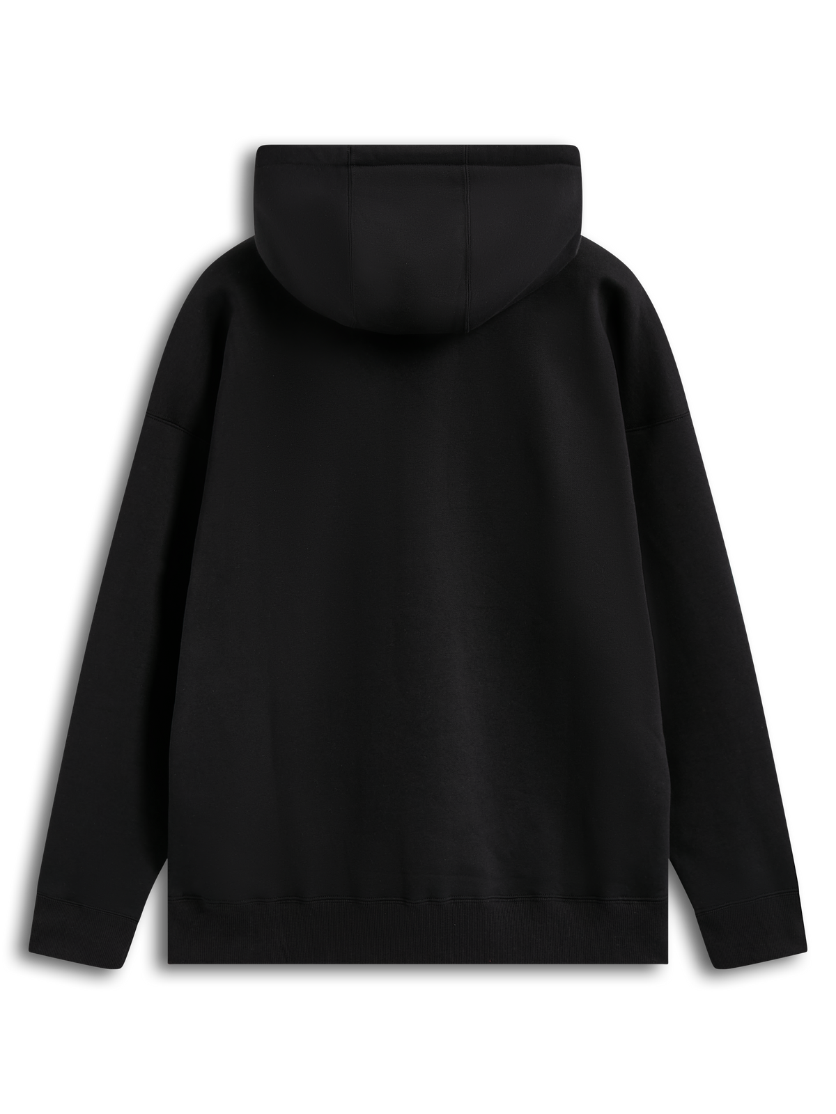 Alpinestars Entity Oversized Hoodie, schwarzer Fleece-Kapuzenpullover mit gefütterter Kapuze und Rippbündchen, Rückansicht.