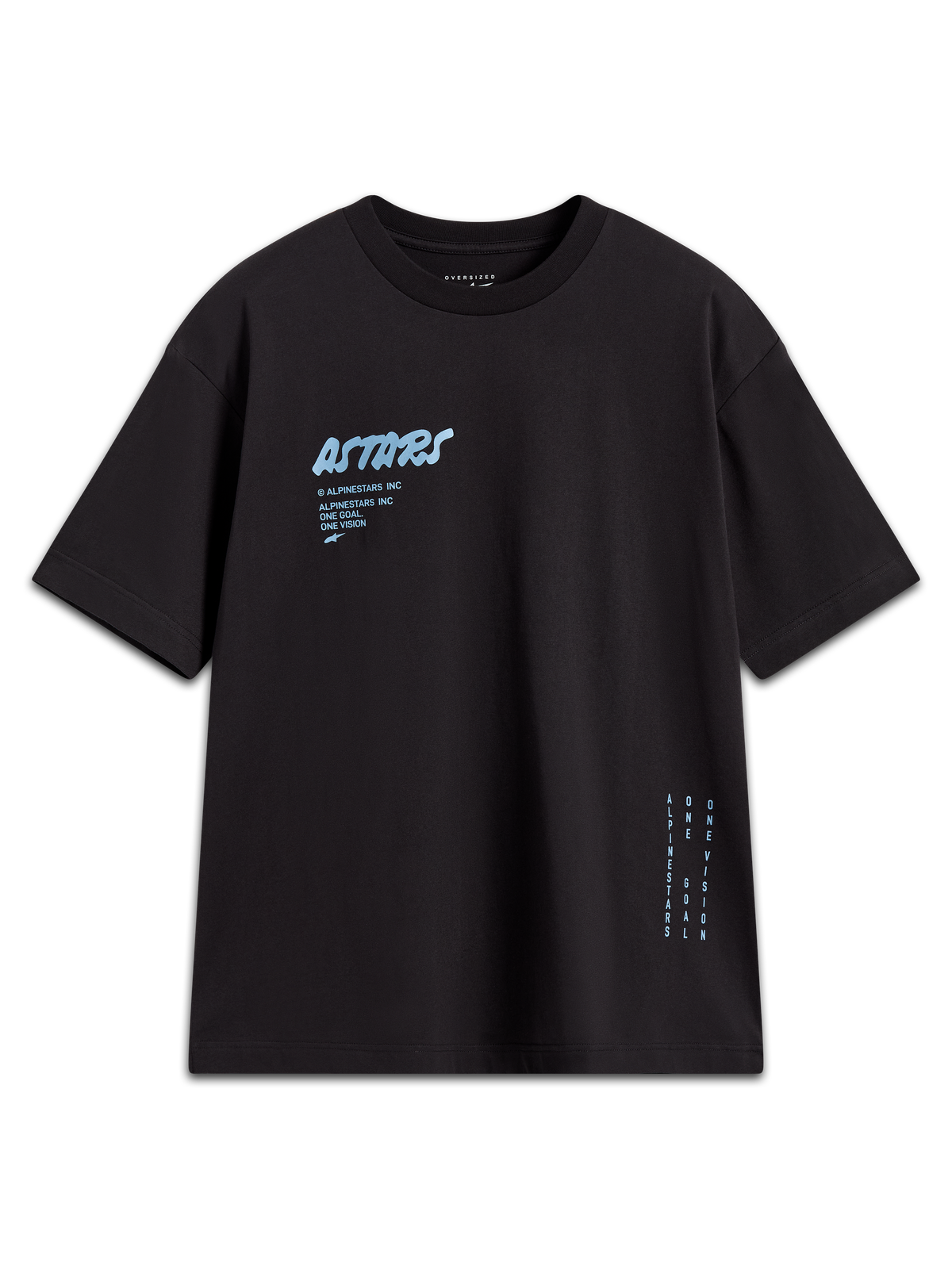 Alpinestars Chalk Oversized CSF T-Shirt, Kurzarm-T-Shirt in Schwarz, hellblaues Astars-Logo und vertikales Seitenbranding, bequeme Oversized-Passform, Motorsport-Streetwear