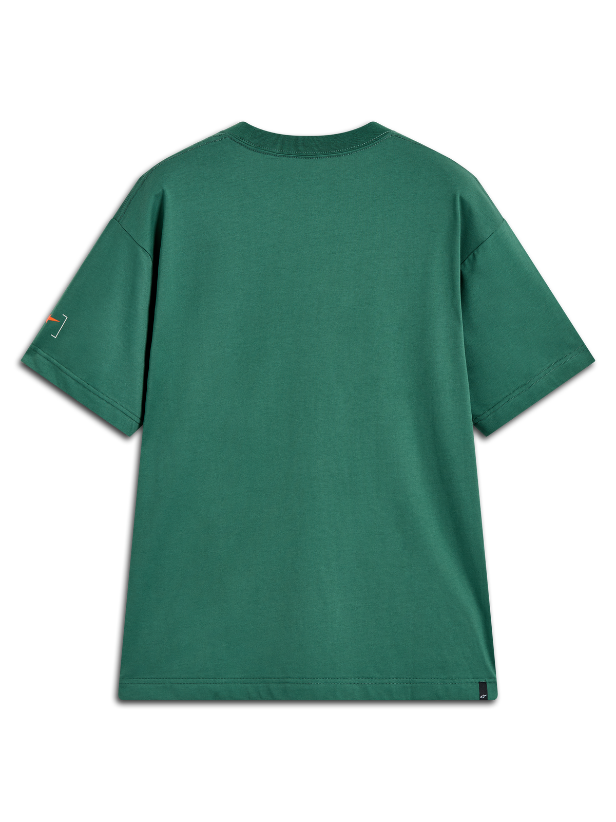 Alpinestars Infinity Oversized CSF T-Shirt in Grün, Rückansicht, Kurzarm-T-Shirt mit orangefarbener Grafik am Ärmel.