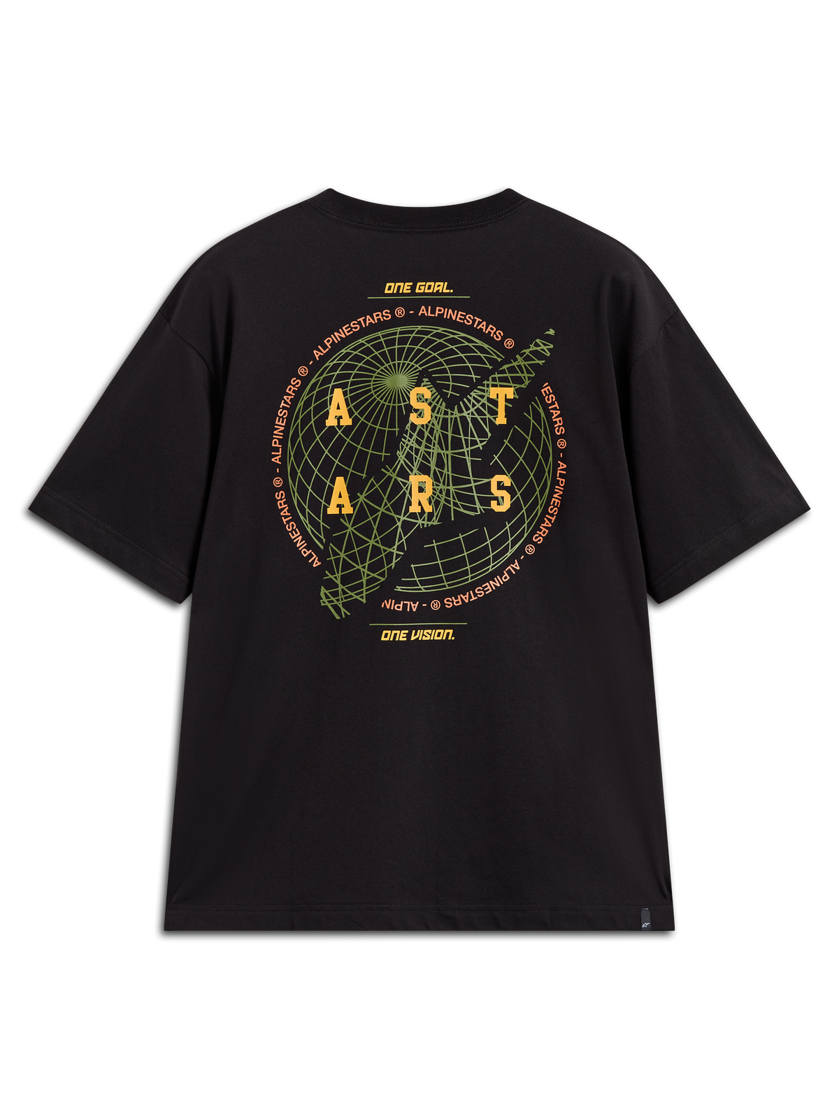 Alpinestars Latitude Oversized CSF Tee, Kurzarm-T-Shirt in Schwarz, Rückansicht mit grüner Globus-Grafik, gelbem ASTARS-Logo und Markenmotto, lässige Motorsport-Streetwear.