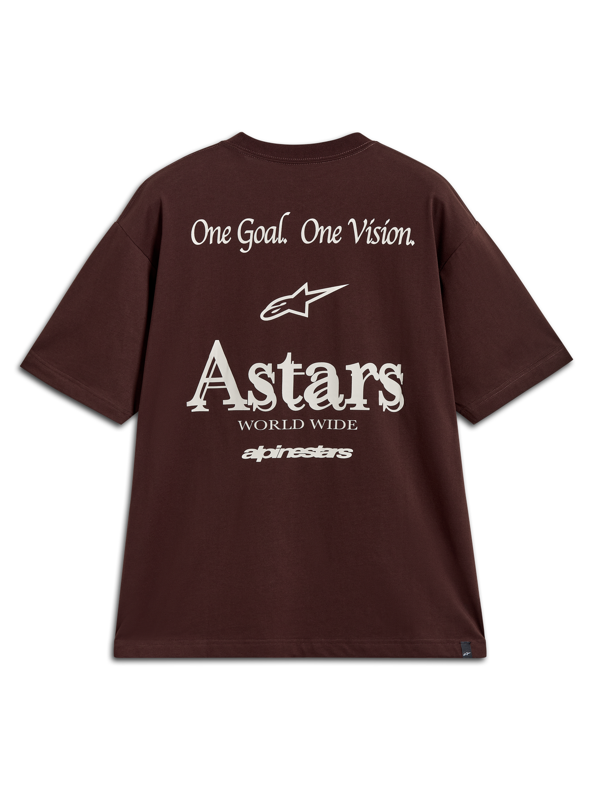 Alpinestars Post Oversized CSF Tee, Kurzarm-T-Shirt, Dunkelbraun, weißes Astars-Logo und One Goal One Vision-Rückengrafik.